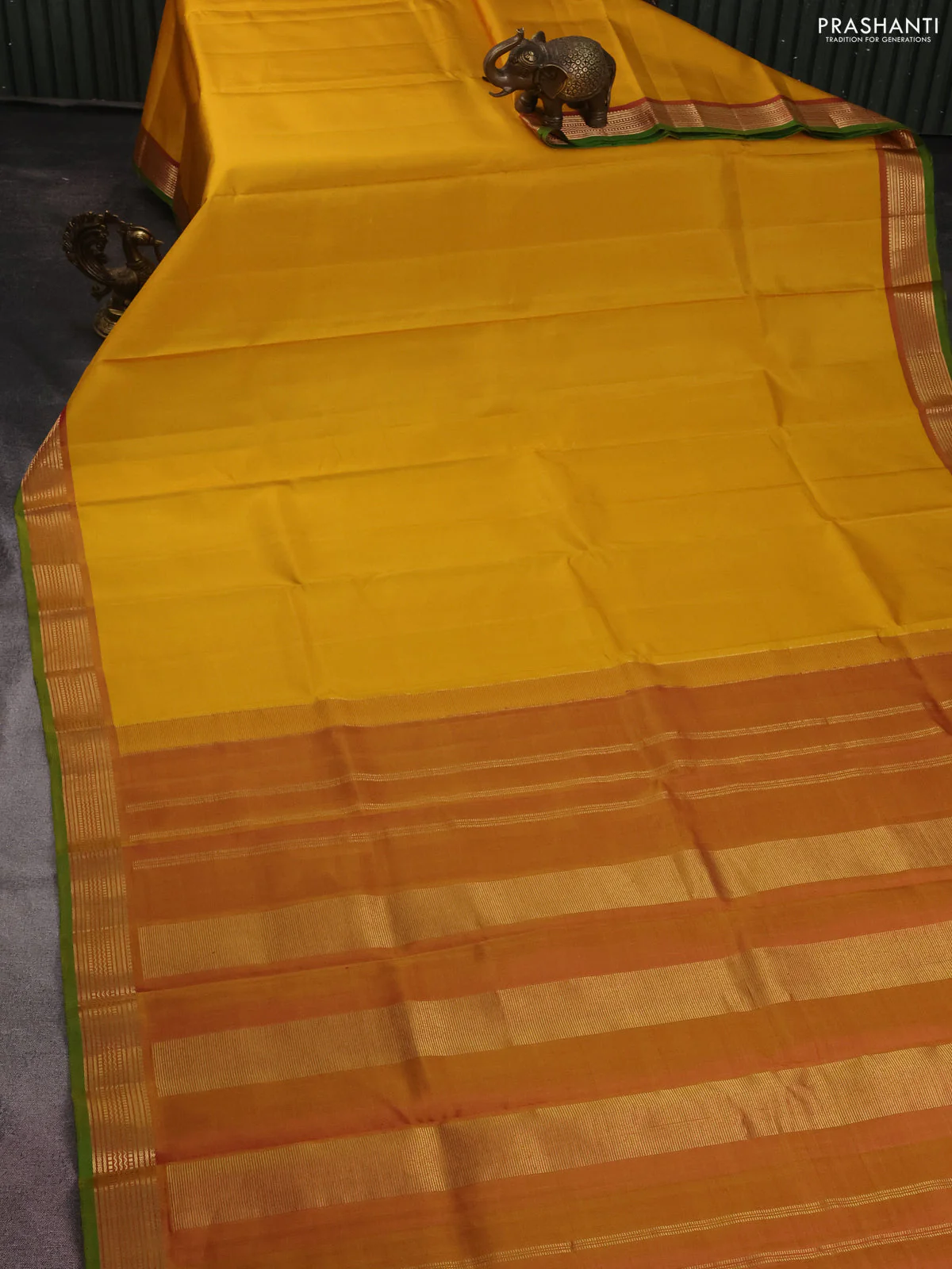 Pure kanchipuram silk saree yellow and dual shade of pink with plain body and zari woven border - Image 2
