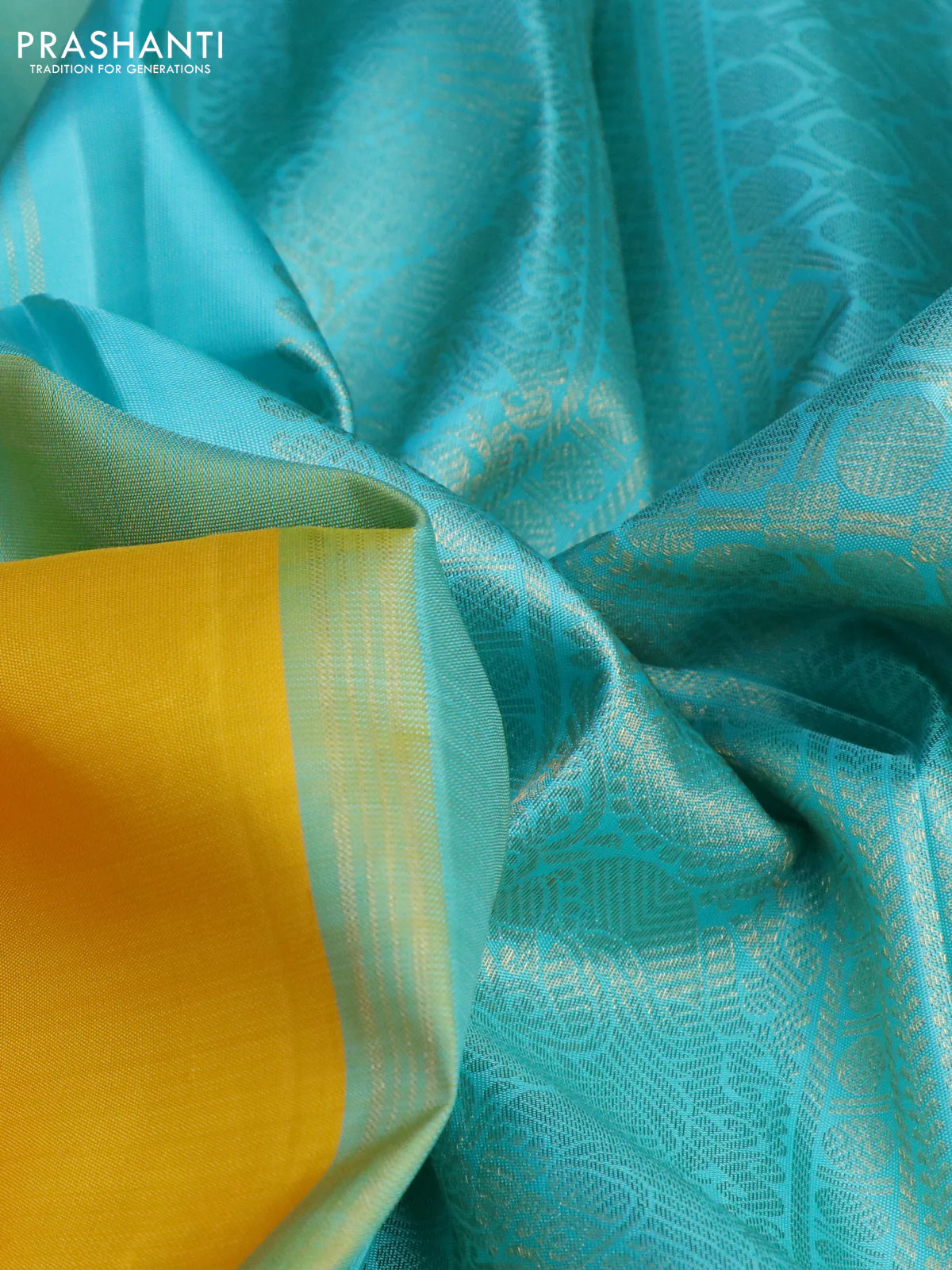 Pure kanchipuram silk saree yellow and light blue with zari woven buttas and zari woven border - Image 3