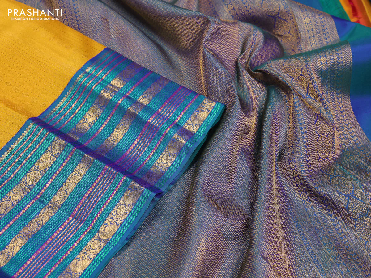 Pure kanchipuram silk saree yellow and peacock blue with allover zari woven brocade weaves and zari woven korvai border - Image 3