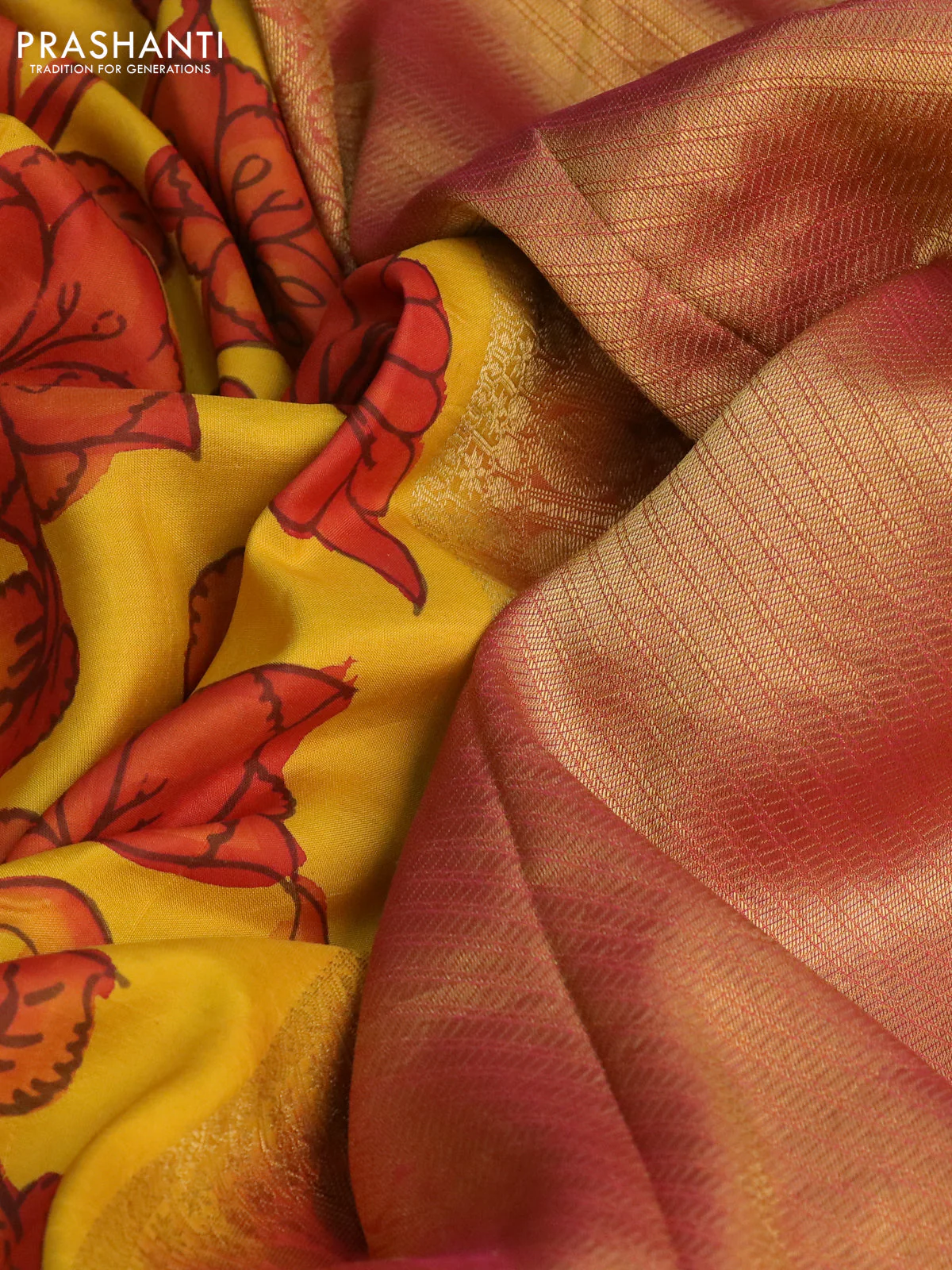 Pure kanchipuram silk saree yellow and pink with allover pen kalamkari prints & zari buttas and zari woven border - Image 3