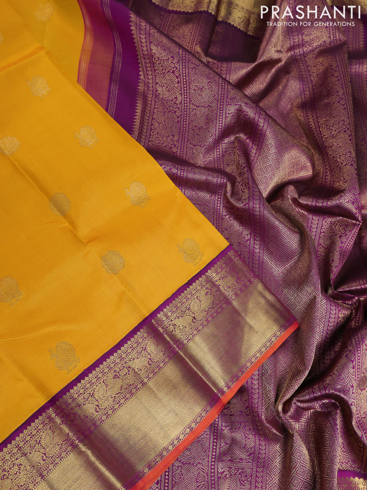 Pure kanchipuram silk saree yellow and purple with zari woven buttas and rich zari woven korvai border - Image 3