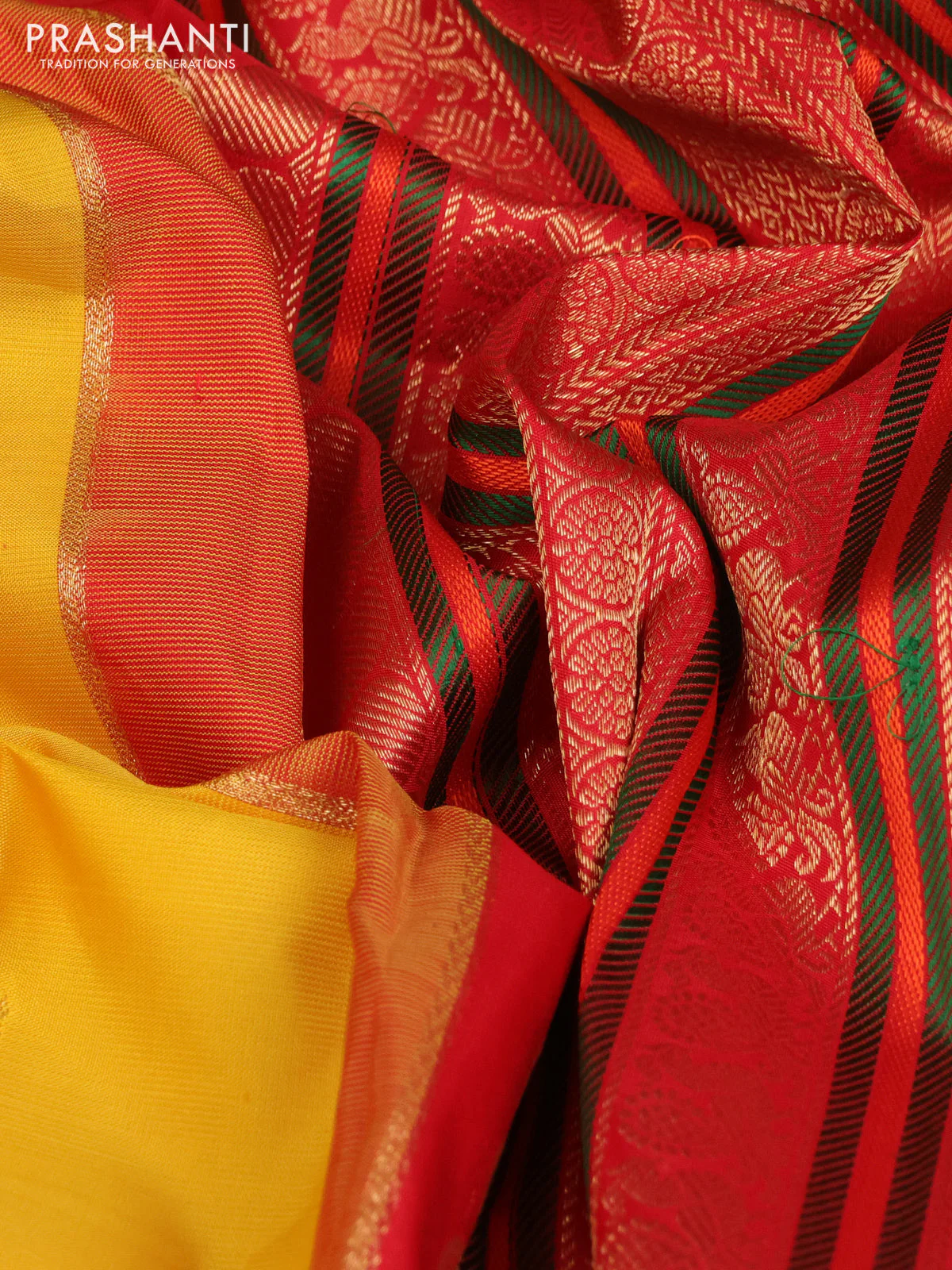 Pure kanchipuram silk saree yellow and red with zari woven buttas and long zari woven korvai border - Image 3