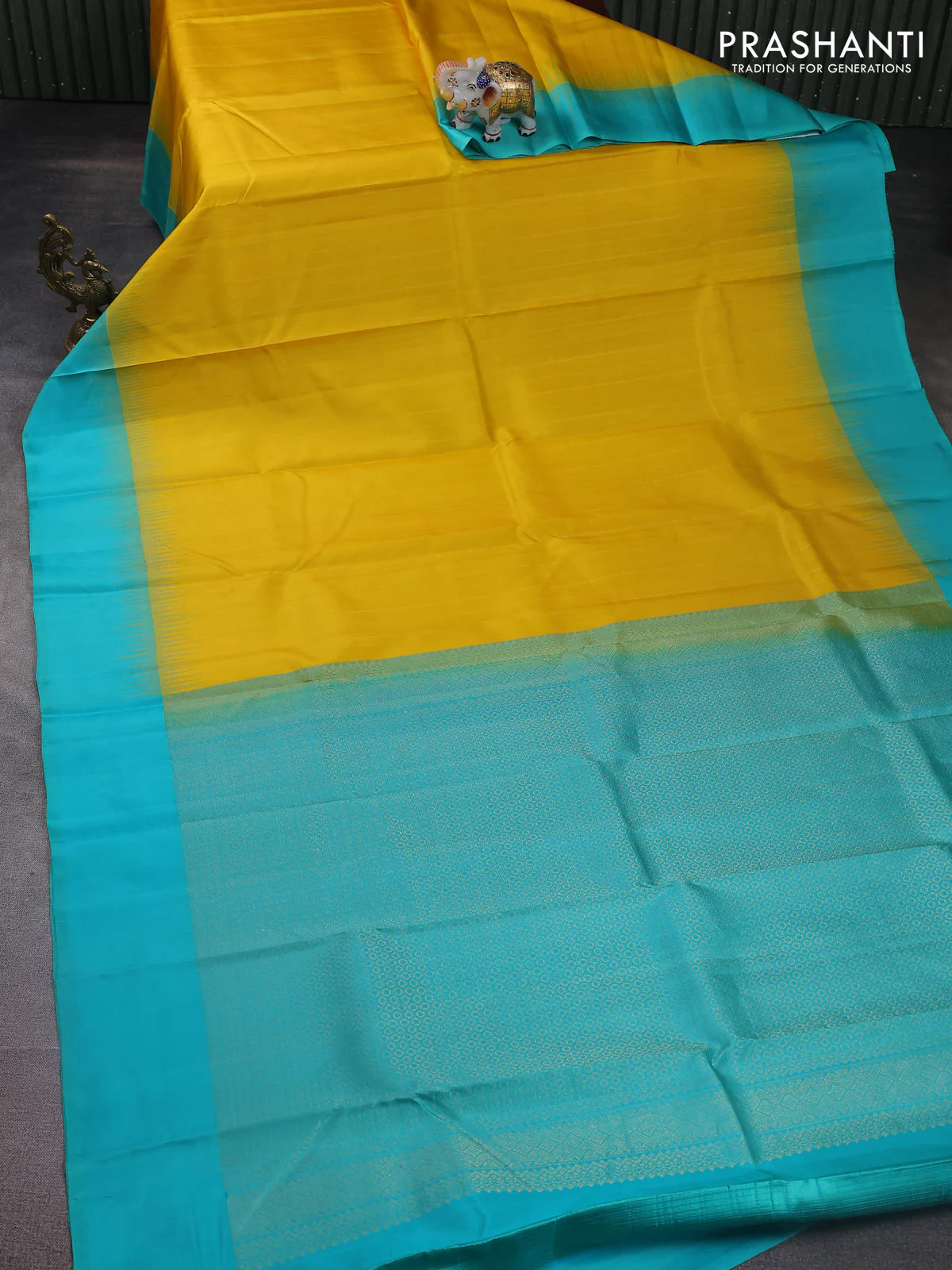 Pure kanchipuram silk saree yellow and teal blue with allover zari weaves and simple border - Image 2