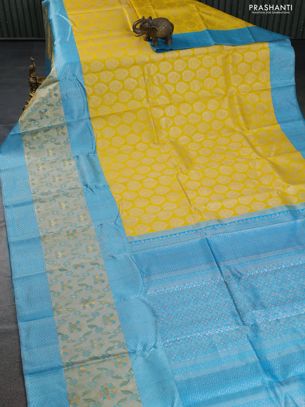 Pure kanchipuram silk saree yellow and teal blue with silver zari woven buttas and long rich zari woven border - Image 2