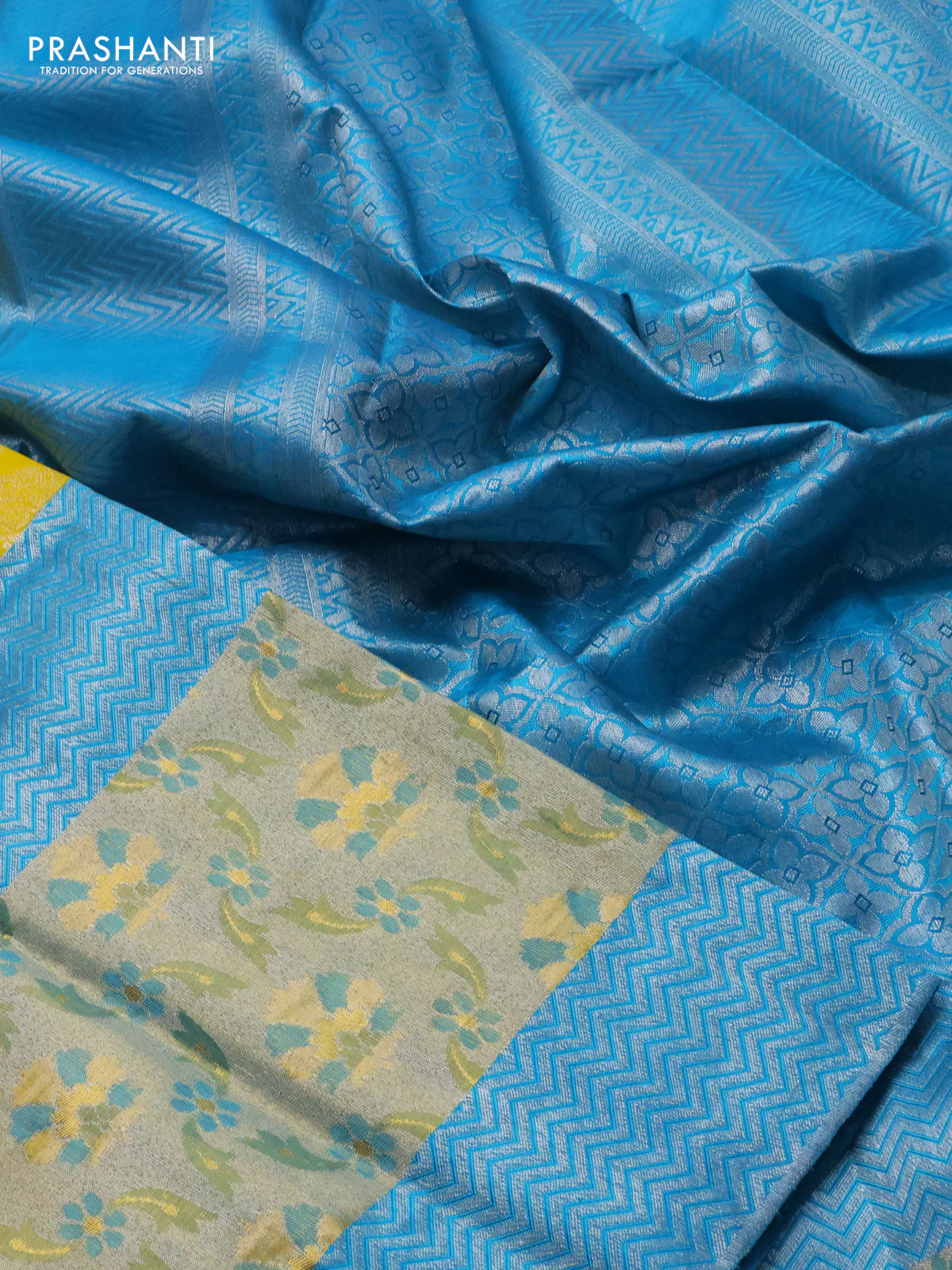 Pure kanchipuram silk saree yellow and teal blue with silver zari woven buttas and long rich zari woven border - Image 3