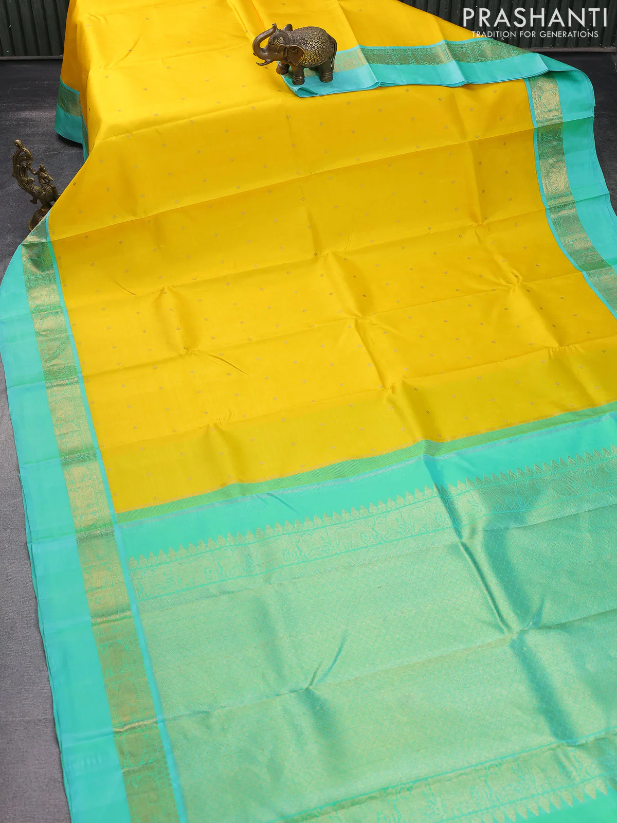Pure kanchipuram silk saree yellow and teal blue with zari woven buttas and zari woven simple border - Image 2