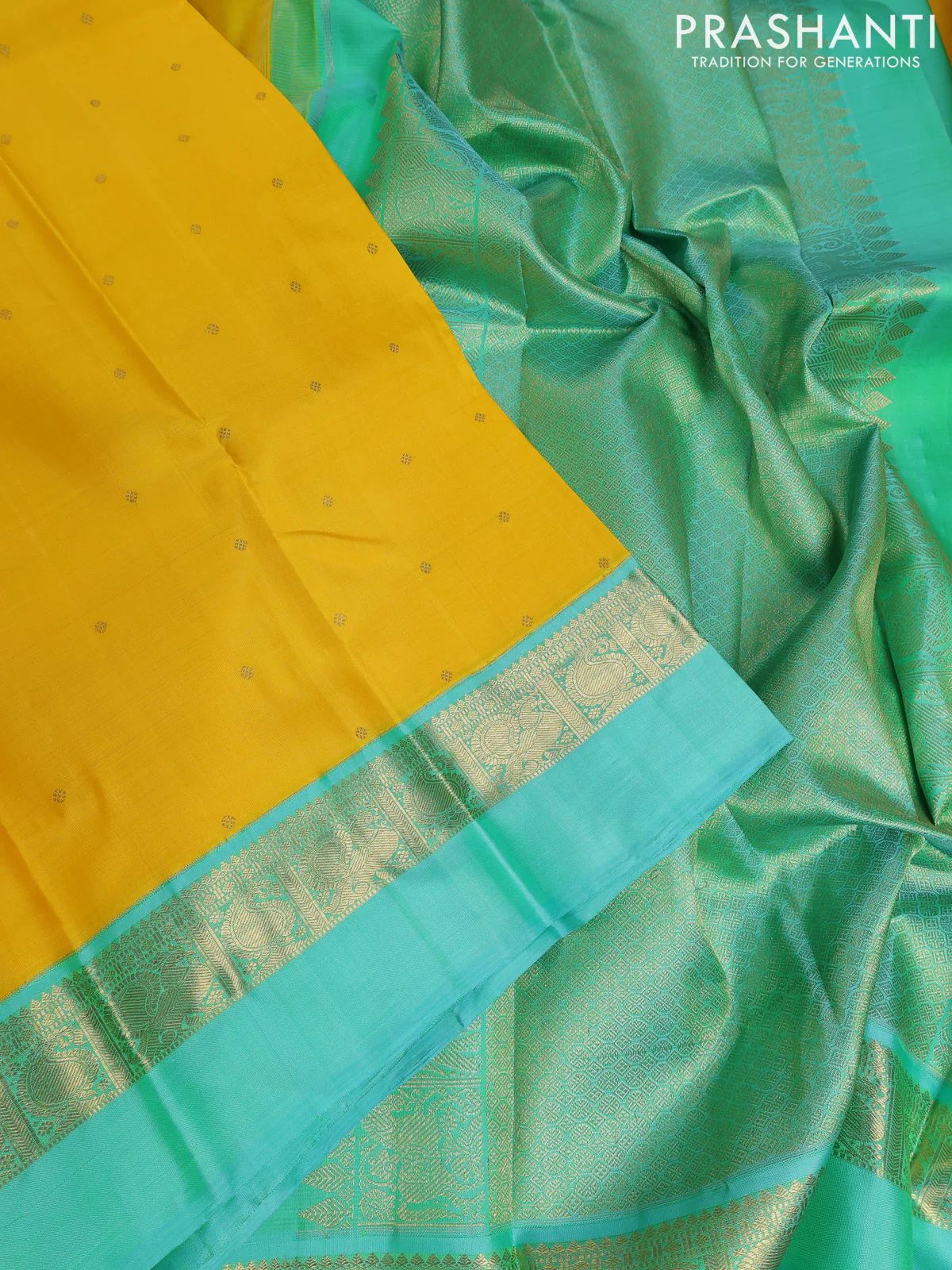 Pure kanchipuram silk saree yellow and teal blue with zari woven buttas and zari woven simple border - Image 3