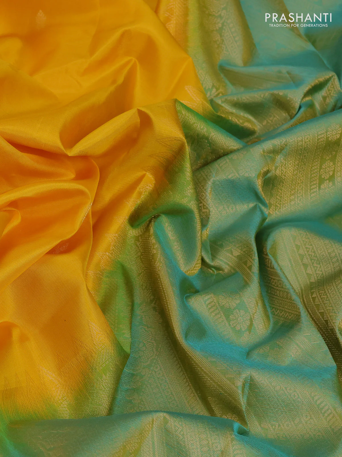Pure kanchipuram silk saree yellow and teal green with zari woven buttas and zari woven butta border - Image 3
