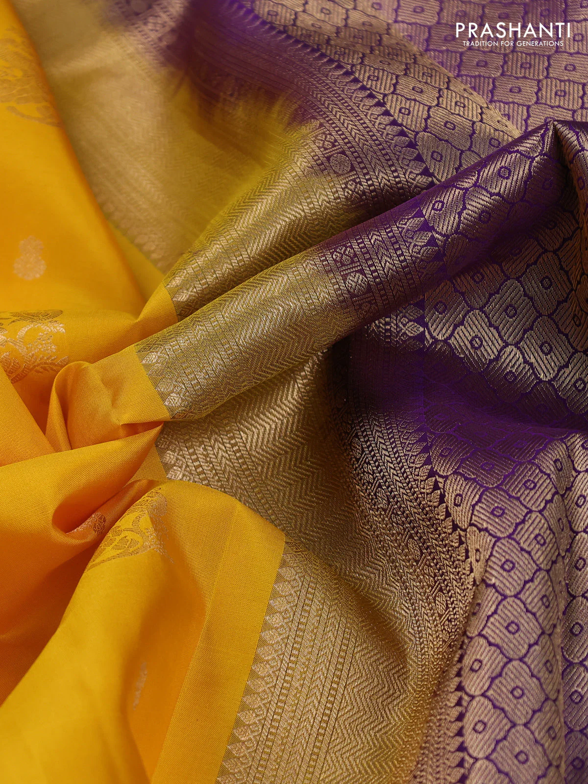 Pure kanchipuram silk saree yellow and violet with zari woven buttas and rich zari woven korvai border - Image 3