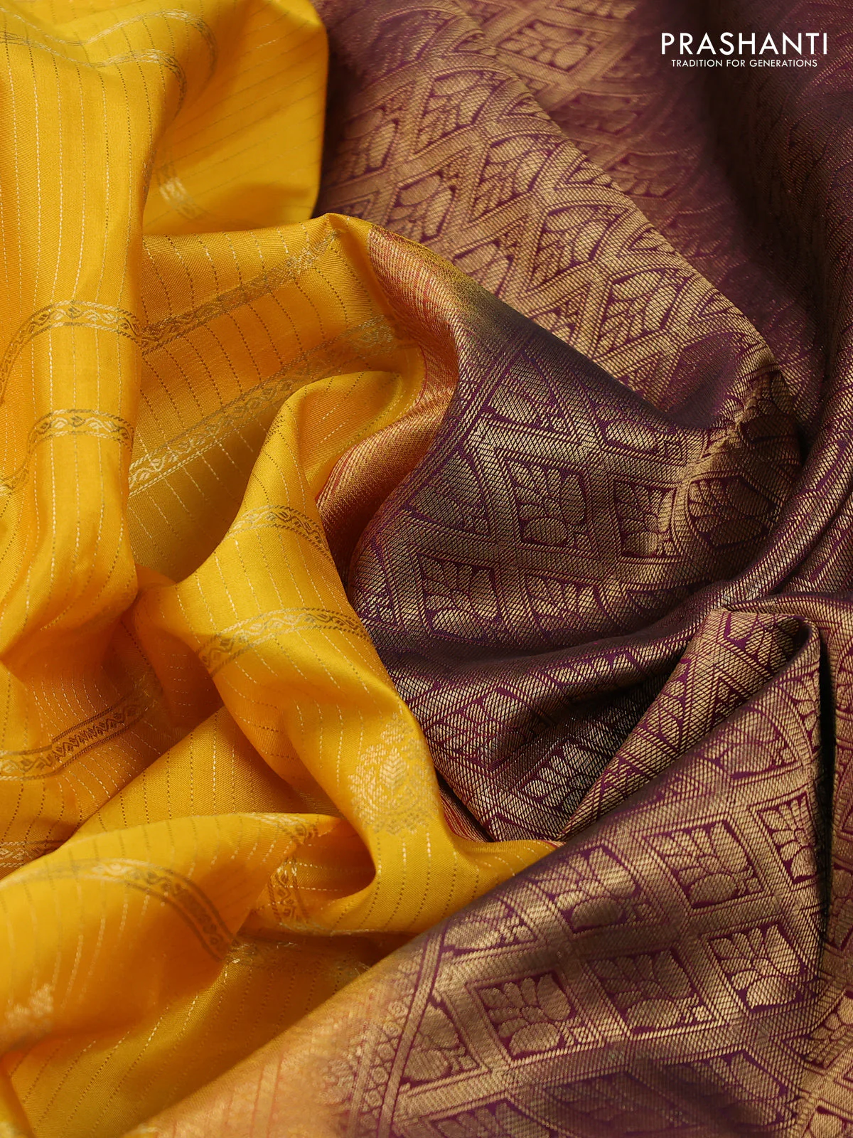 Pure kanchipuram silk saree yellow and wine shade with allover zari weaves & buttas and rich zari woven korvai border - Image 3