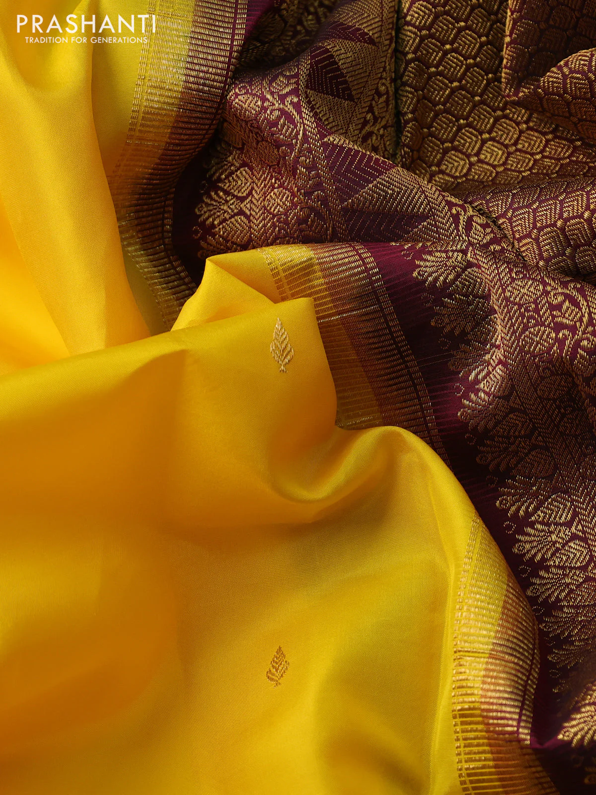 Pure kanchipuram silk saree yellow and wine shade with zari woven buttas and rettapet zari woven border - Image 3