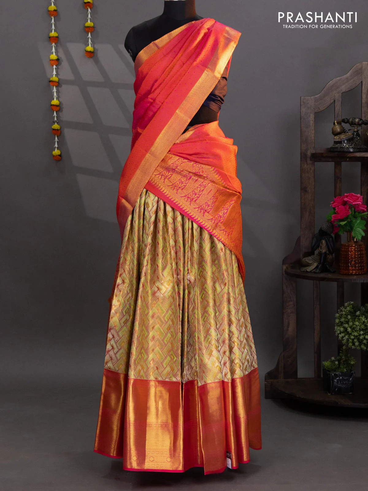 Pure kanchipuram tissue silk lehenga light green and pink with allover brocade weaves and long zari woven border