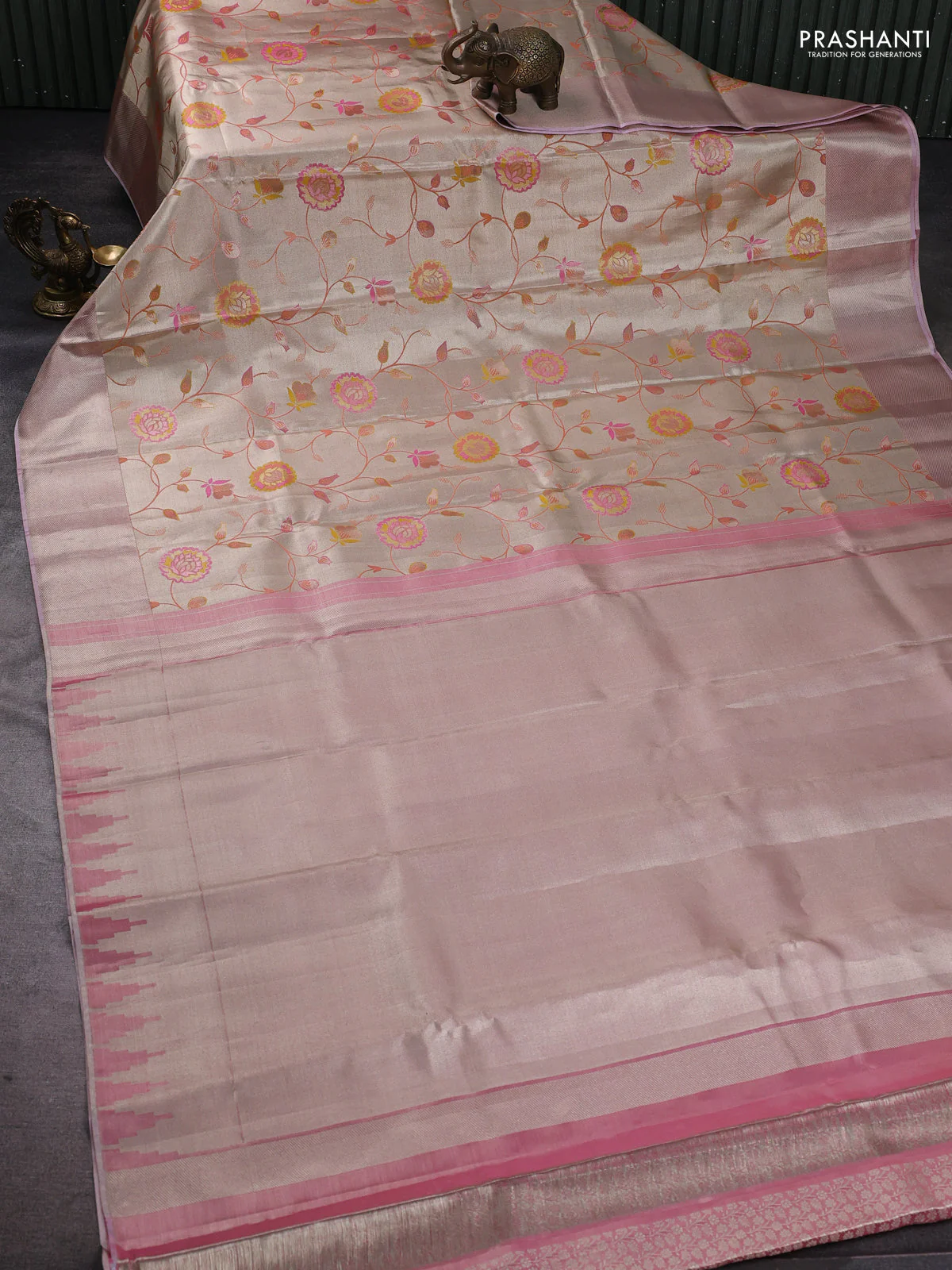 Pure kanchipuram tissue silk saree beige and light pink with allover zari woven floral brocade weaves and silver zari woven border - Image 2