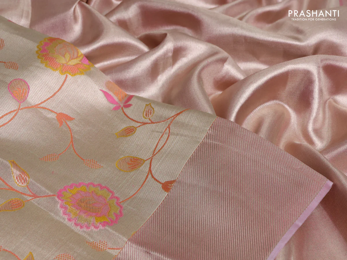 Pure kanchipuram tissue silk saree beige and light pink with allover zari woven floral brocade weaves and silver zari woven border - Image 3