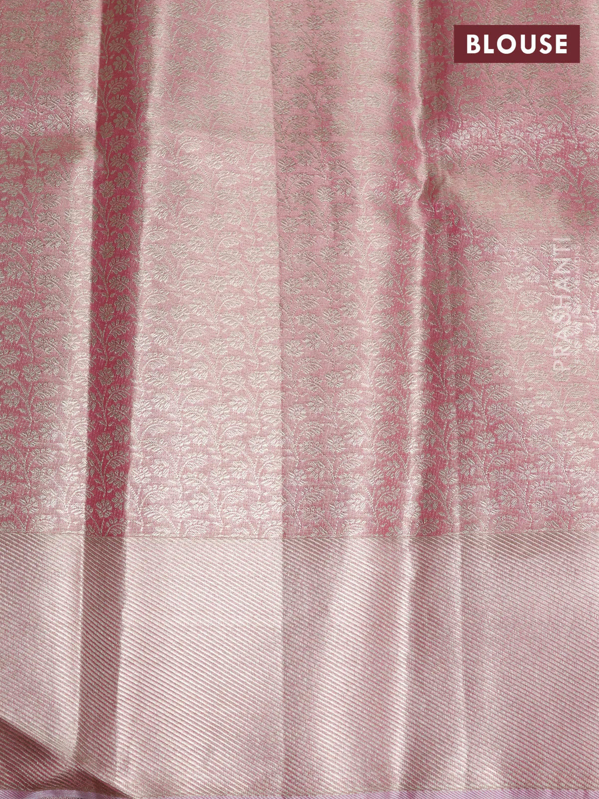 Pure kanchipuram tissue silk saree beige and light pink with allover zari woven floral brocade weaves and silver zari woven border - Image 4