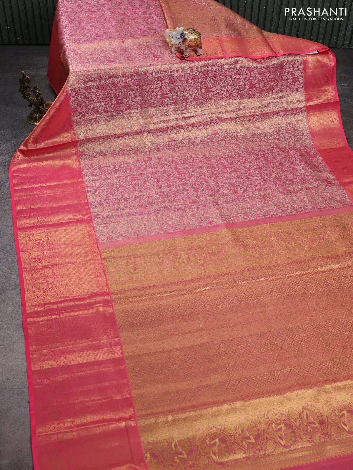 Pure kanchipuram tissue silk saree candy pink with allover silver zari woven brocade weaves and zari woven border - Image 2