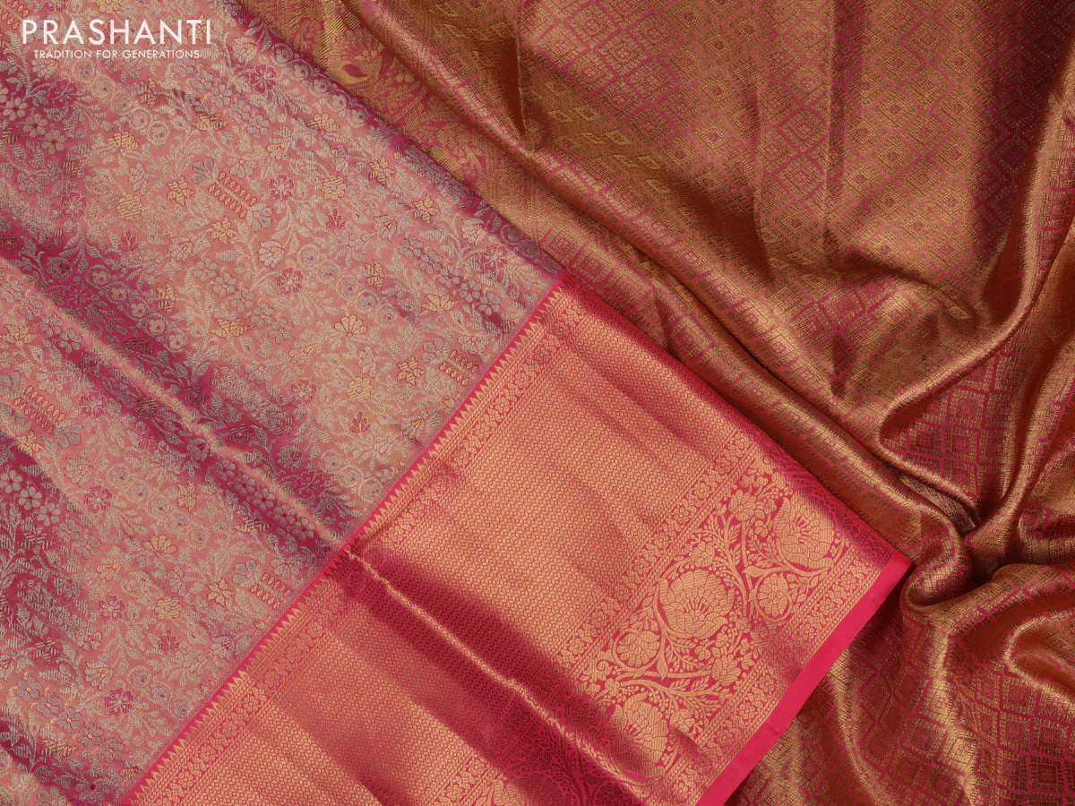 Pure kanchipuram tissue silk saree candy pink with allover silver zari woven brocade weaves and zari woven border - Image 3