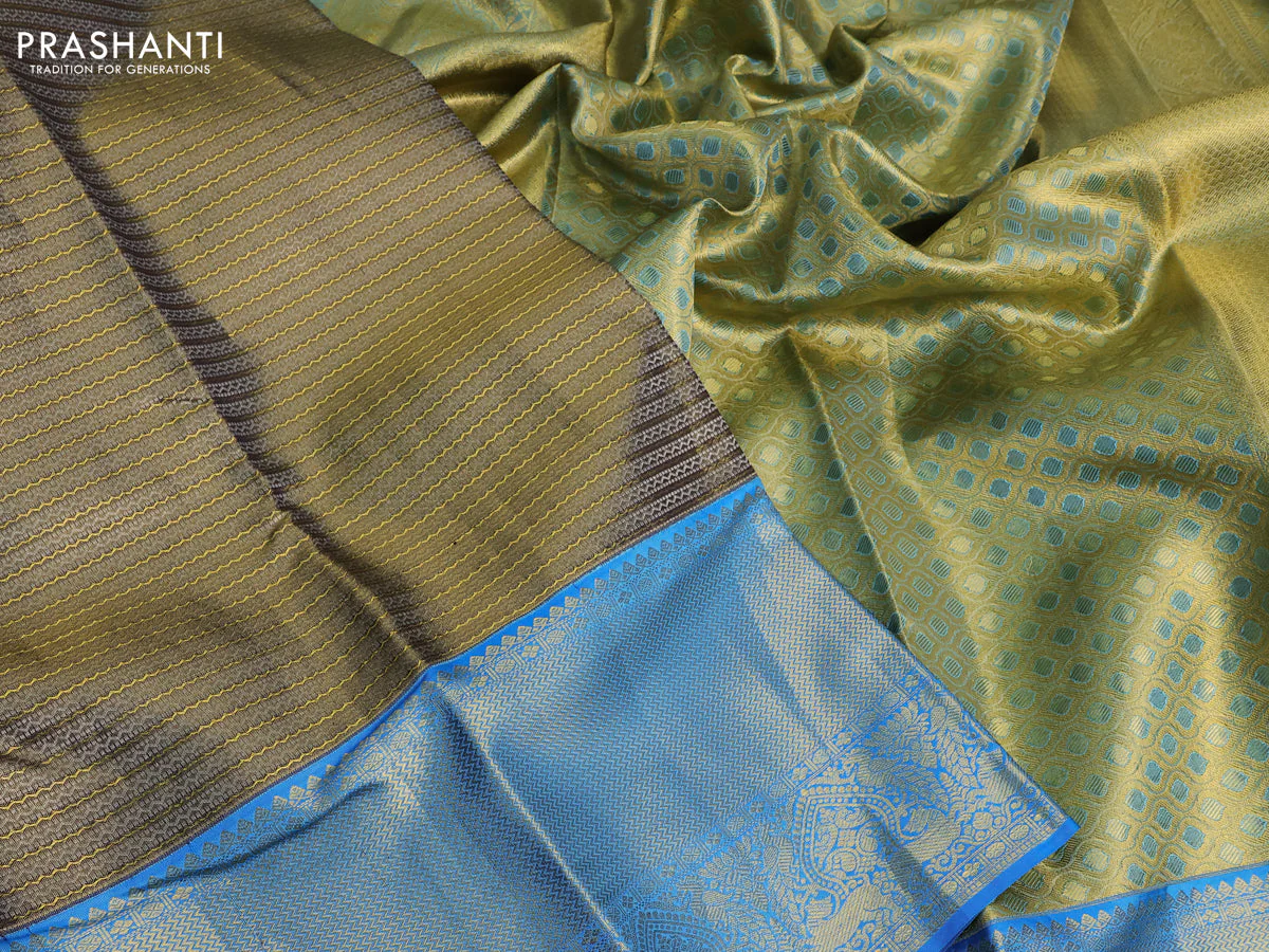 Pure kanchipuram tissue silk saree dual shade of blackish gold and cs blue with allover zari weaves and zari woven border - Image 3