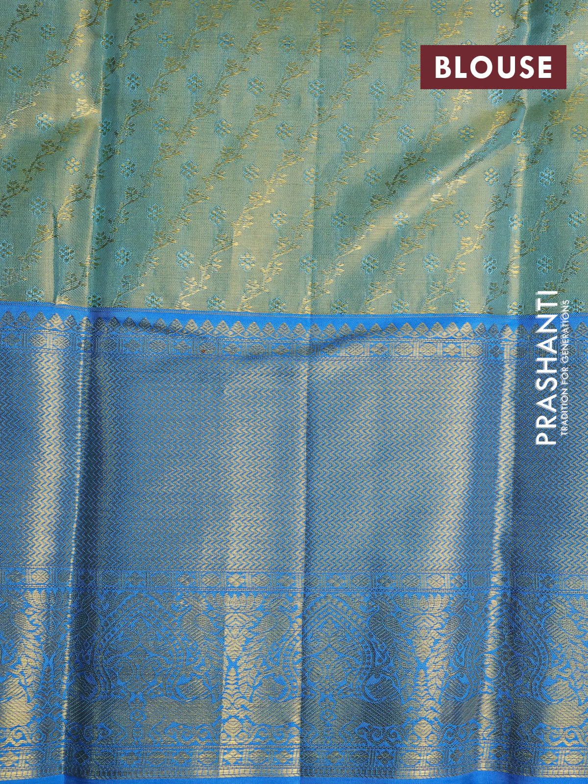 Pure kanchipuram tissue silk saree dual shade of blackish gold and cs blue with allover zari weaves and zari woven border - Image 4