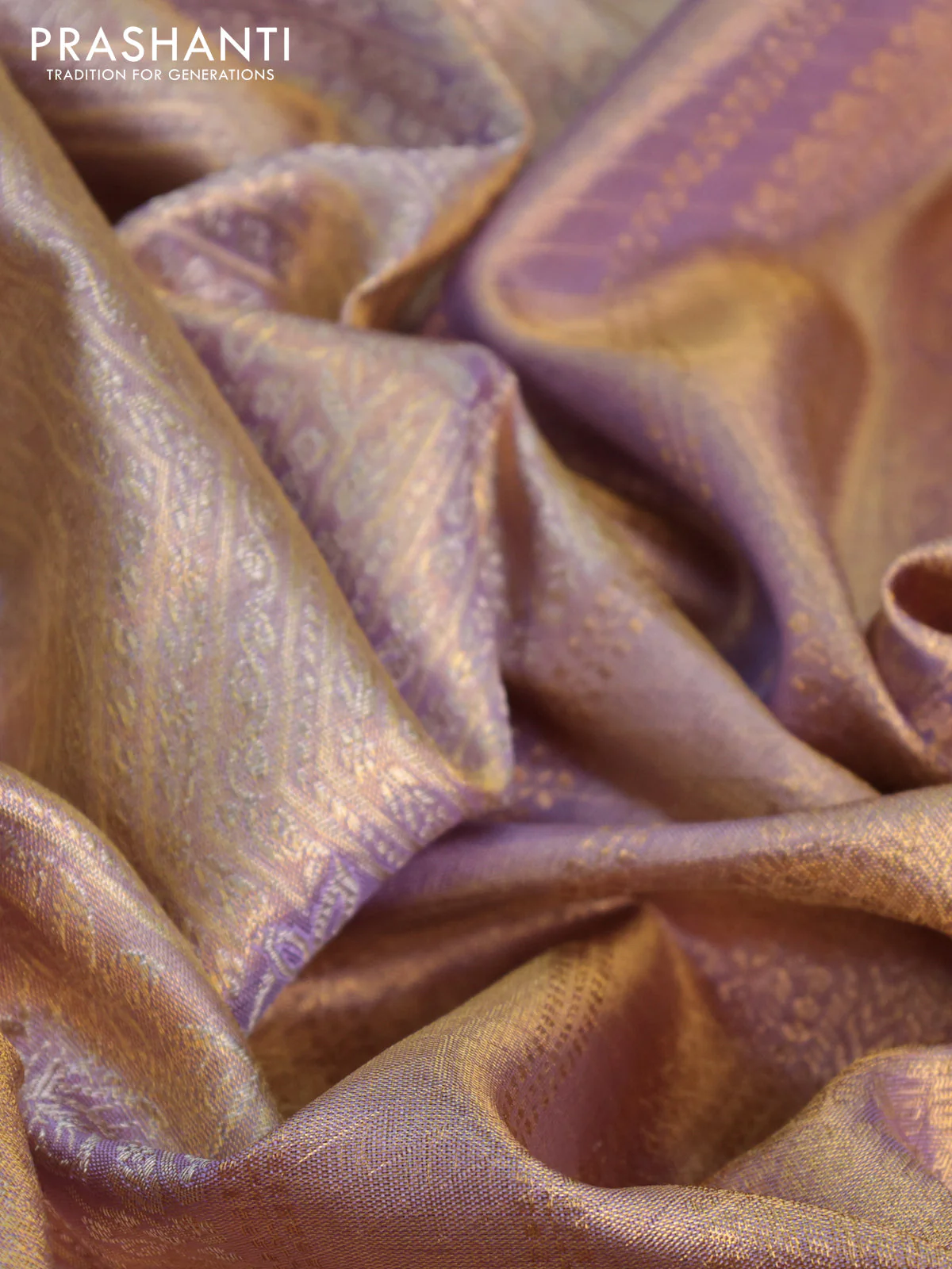 Pure kanchipuram tissue silk saree dual shade of gold and lavender shade with allover silver zari woven brocade weaves and zari woven border - Image 11