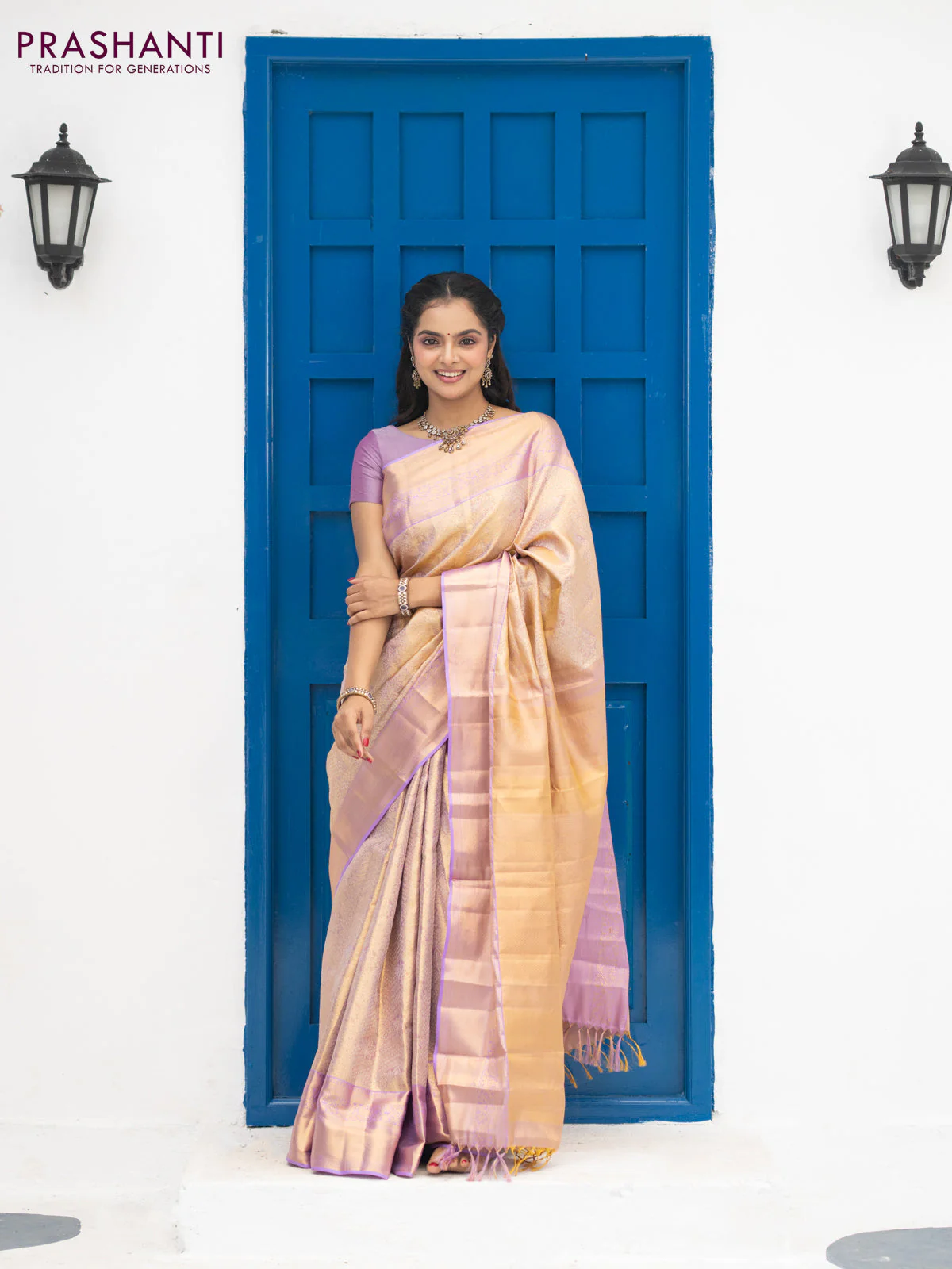 Pure kanchipuram tissue silk saree dual shade of gold and lavender shade with allover silver zari woven brocade weaves and zari woven border - Image 2