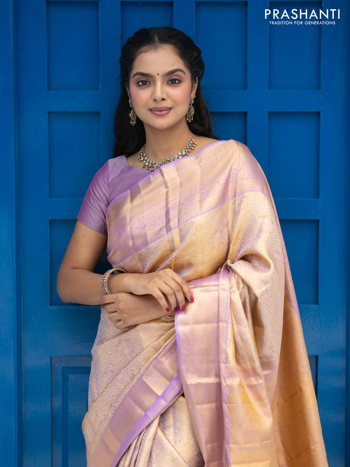 Pure kanchipuram tissue silk saree dual shade of gold and lavender shade with allover silver zari woven brocade weaves and zari woven border - Image 3