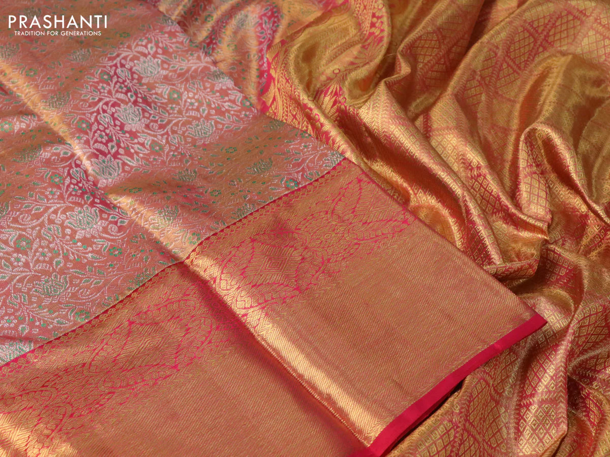 Pure kanchipuram tissue silk saree dual shade of gold and pink with allover silver zari woven brocade weaves and long zari woven border - Image 3