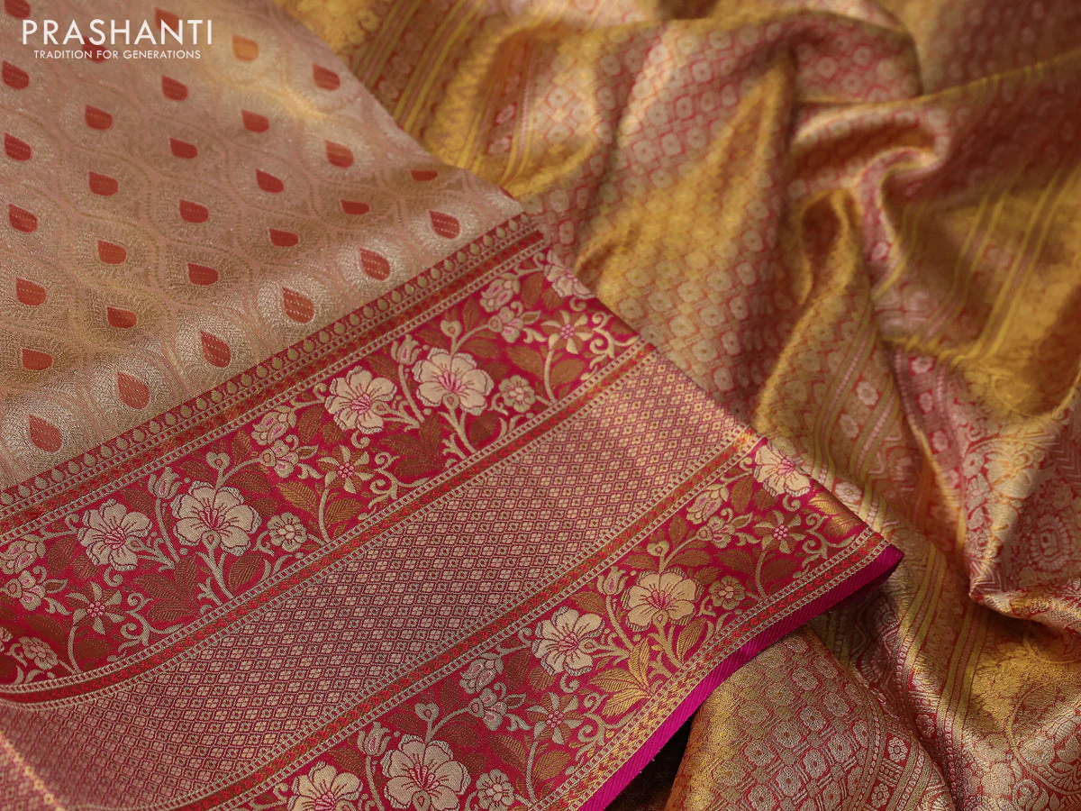 Pure Kanchipuram tissue silk saree dual shade of gold and pink with allover zari woven brocade weaves and long zari woven mina border - Image 3