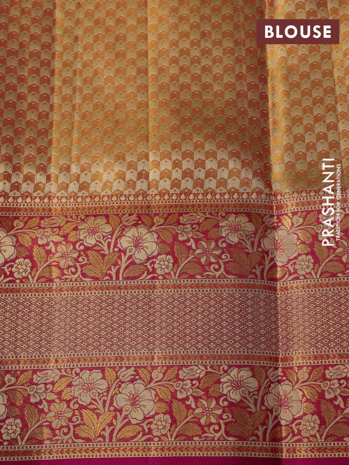 Pure Kanchipuram tissue silk saree dual shade of gold and pink with allover zari woven brocade weaves and long zari woven mina border - Image 4
