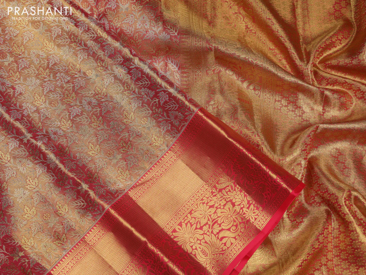 Pure kanchipuram tissue silk saree dual shade of gold and pink with allover zari woven brocade weaves and zari woven border - Image 3