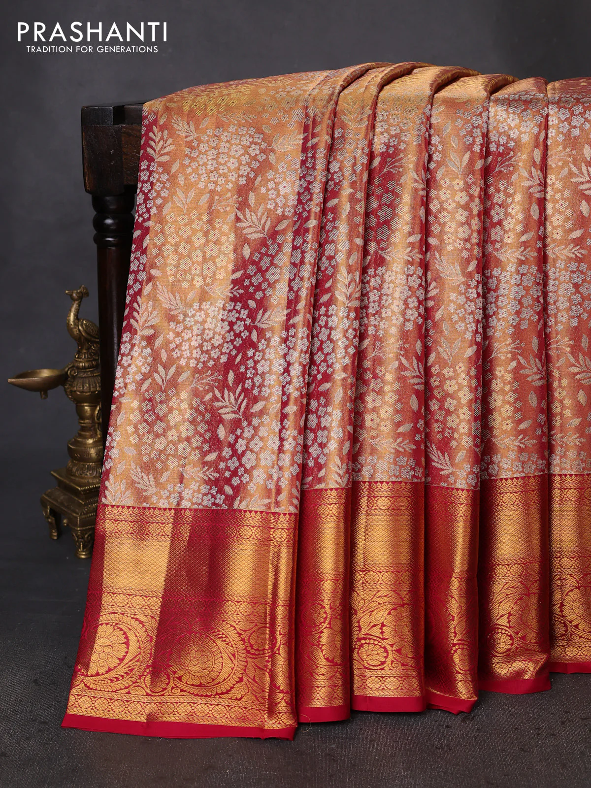 Pure kanchipuram tissue silk saree dual shade of gold and pink with allover zari woven brocade weaves and zari woven border