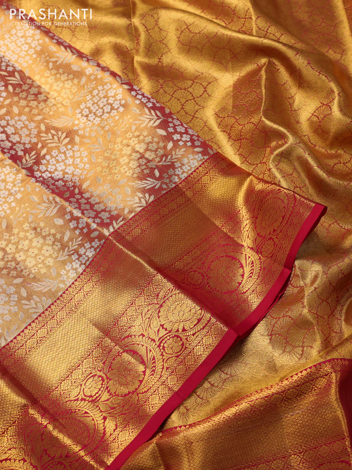 Pure kanchipuram tissue silk saree dual shade of gold and pink with allover zari woven brocade weaves and zari woven border - Image 3