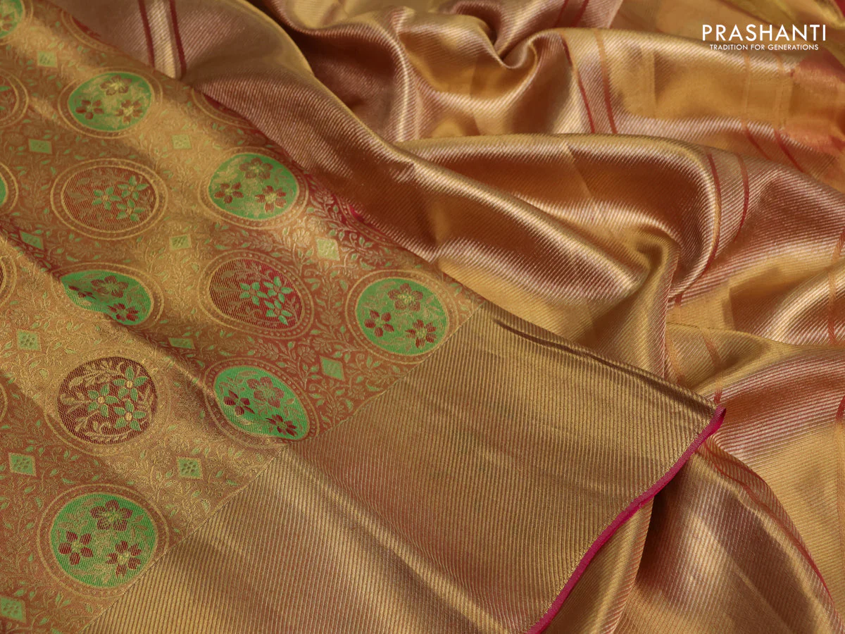 Pure kanchipuram tissue silk saree dual shade of gold and pink with allover zari woven floral brocade weaves and zari woven border - Image 3