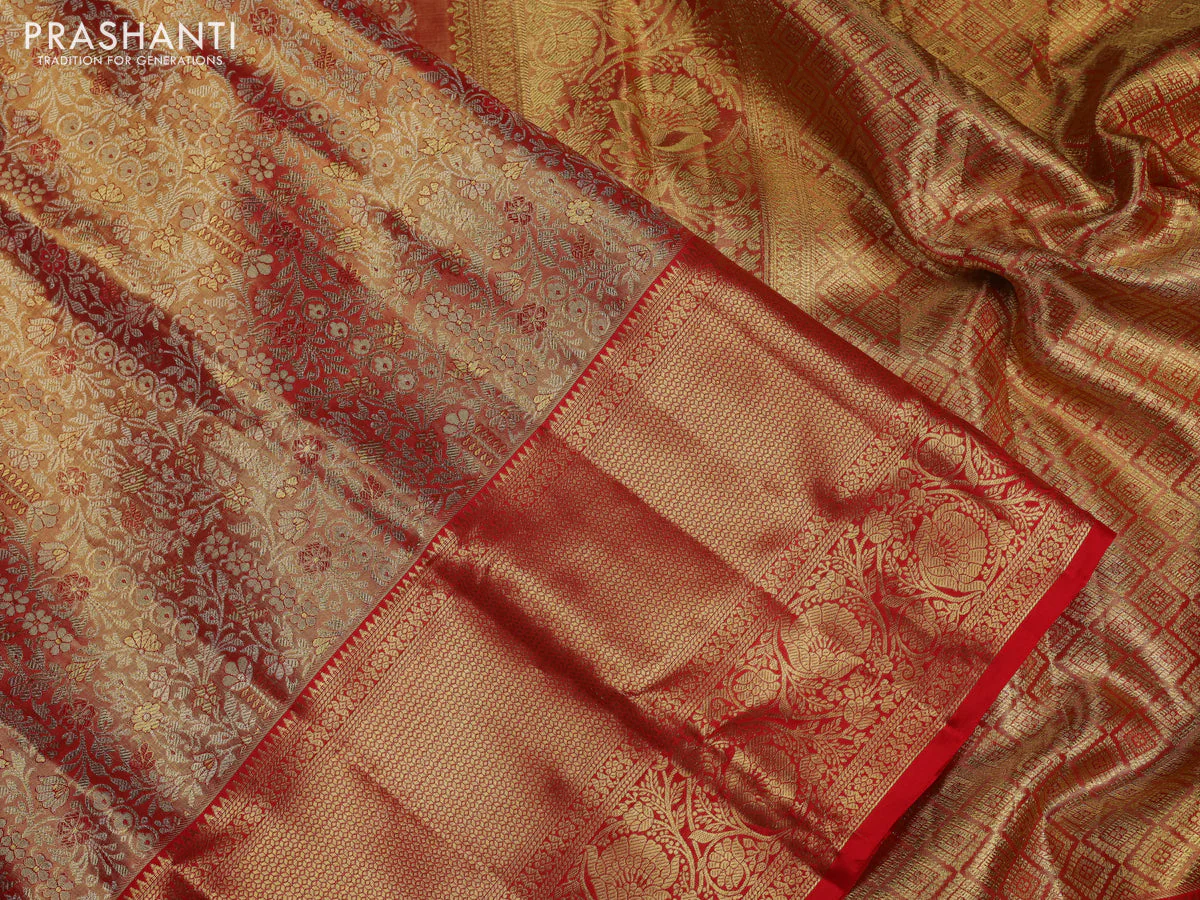 Pure kanchipuram tissue silk saree dual shade of gold and red with allover silver zari woven brocade weaves and zari woven border - Image 3
