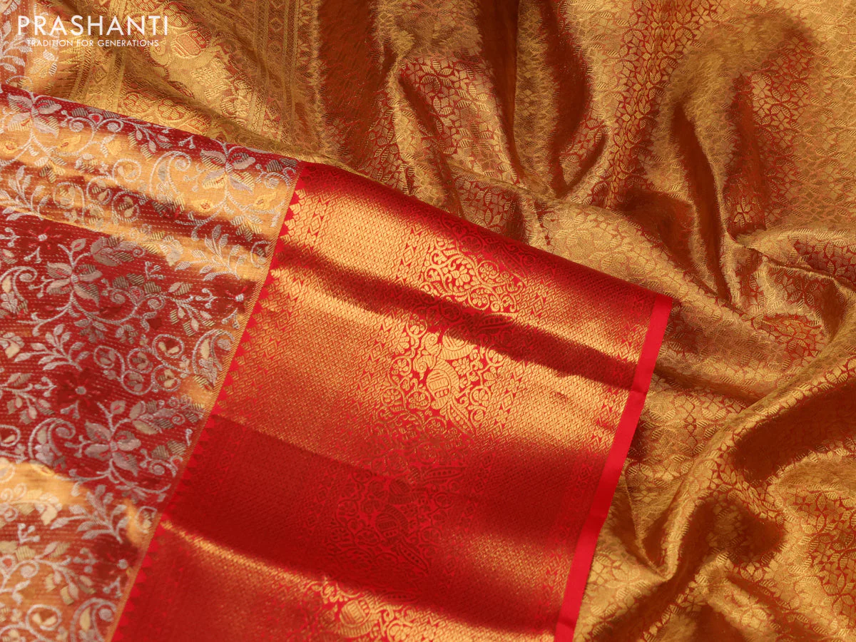 Pure kanchipuram tissue silk saree dual shade of gold and red with allover silver zari woven brocade weaves and zari woven border - Image 3