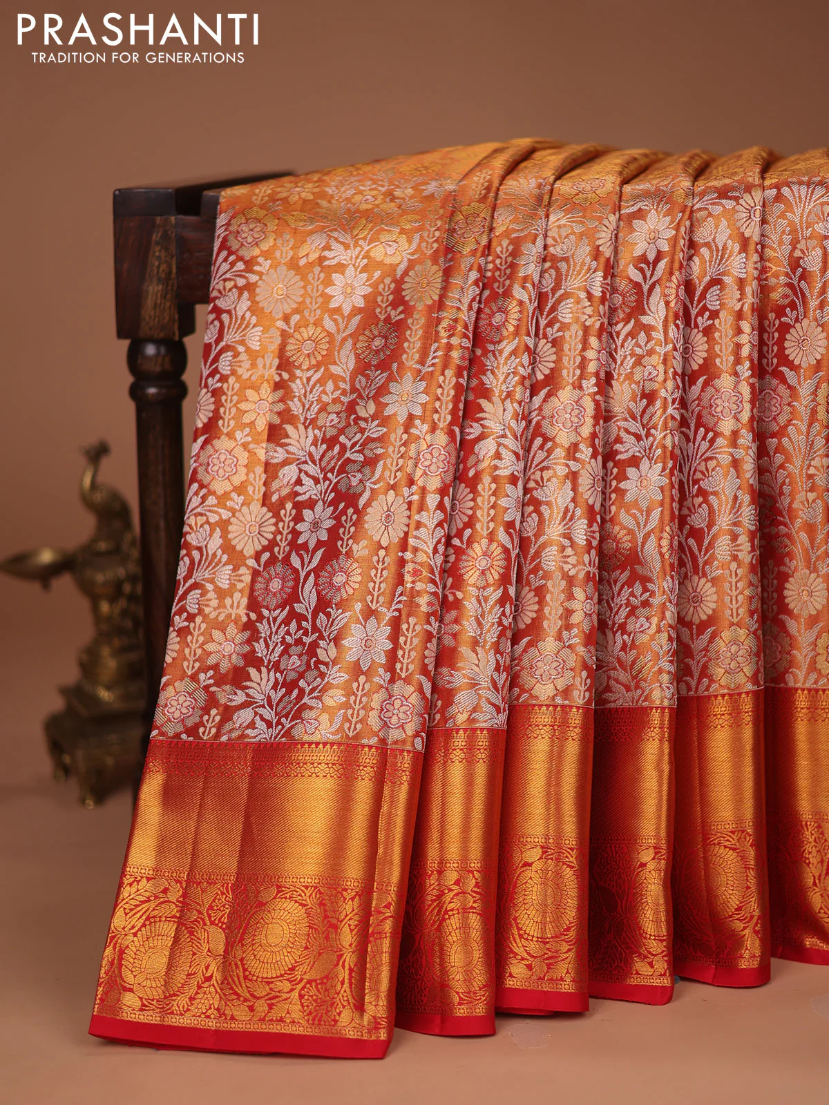 Pure kanchipuram tissue silk saree dual shade of gold and red with allover silver zari woven brocade weaves and zari woven border