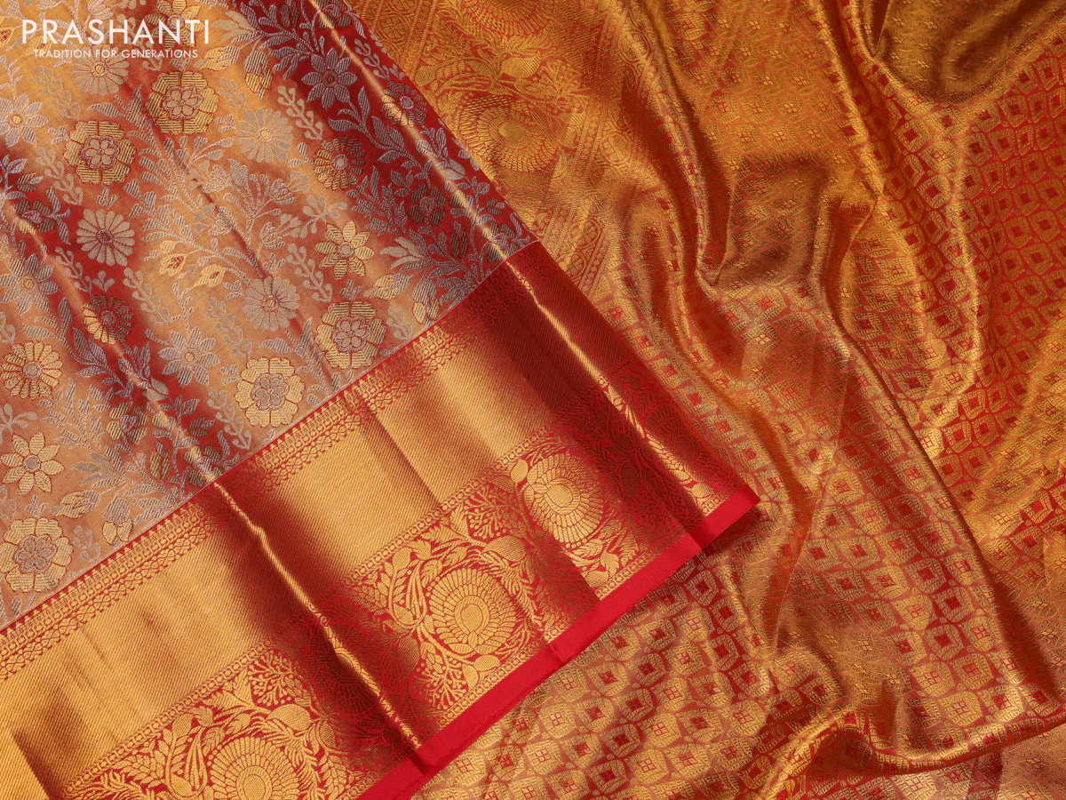 Pure kanchipuram tissue silk saree dual shade of gold and red with allover silver zari woven brocade weaves and zari woven border - Image 3