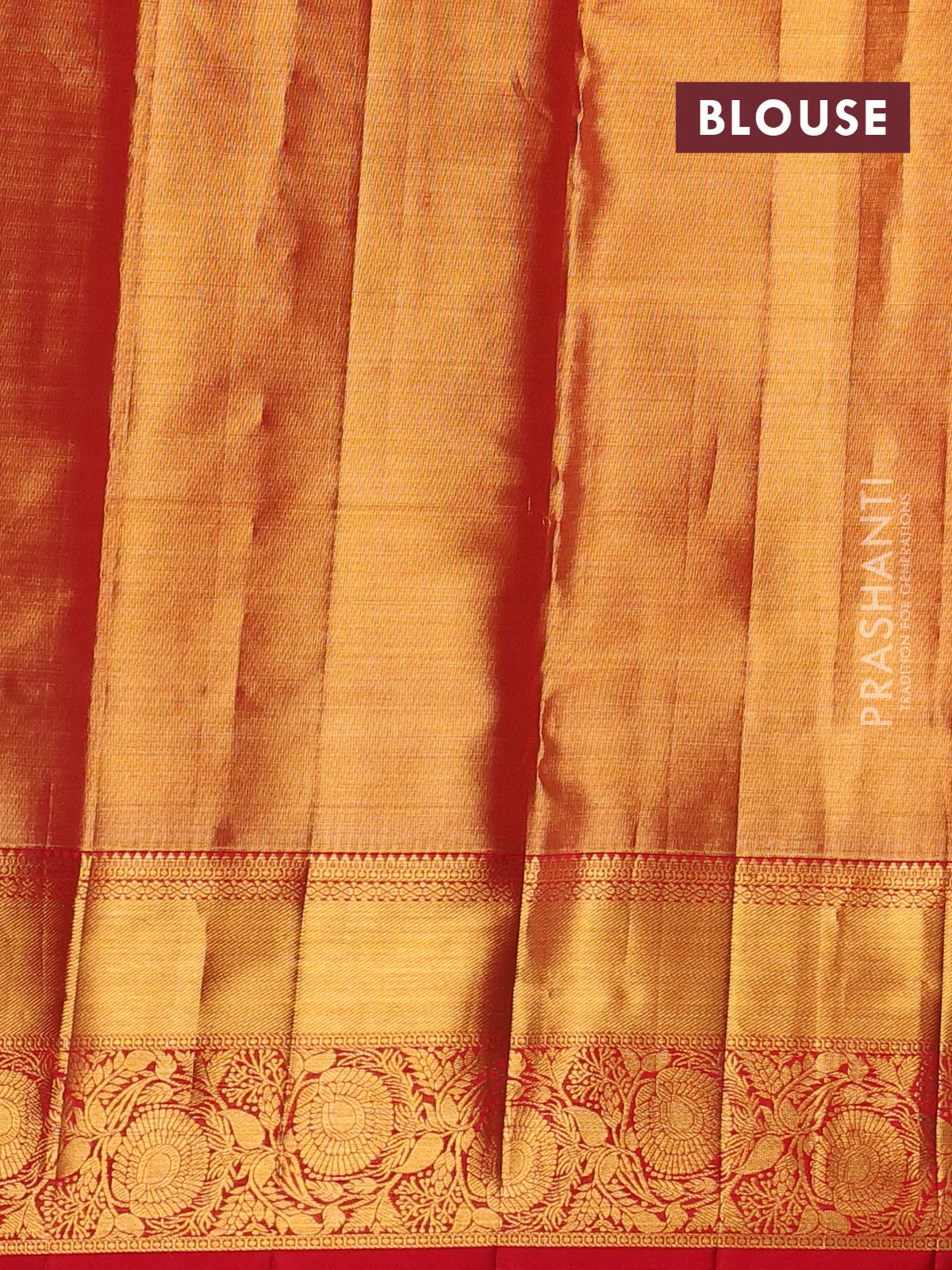 Pure kanchipuram tissue silk saree dual shade of gold and red with allover silver zari woven brocade weaves and zari woven border - Image 4