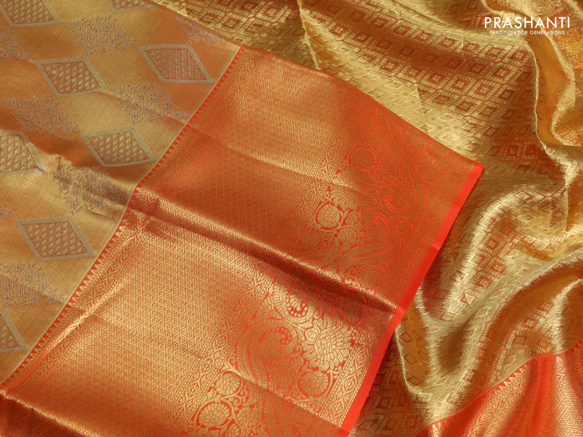 Pure kanchipuram tissue silk saree dual shade of orange and orange with allover zari woven brocade weaves and long zari woven border - Image 3