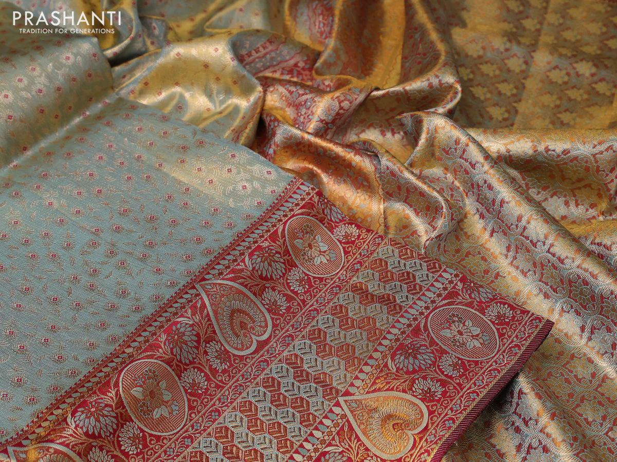 Pure Kanchipuram tissue silk saree dual shade of pastel blue and maroon with allover zari woven brocade weaves and long zari woven border - Image 3