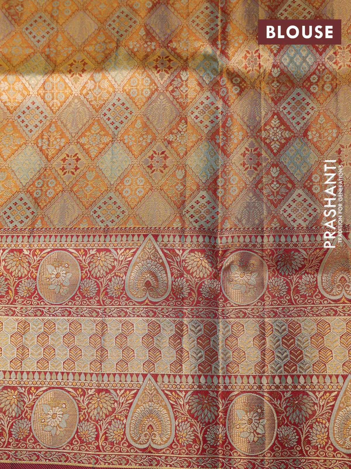 Pure Kanchipuram tissue silk saree dual shade of pastel blue and maroon with allover zari woven brocade weaves and long zari woven border - Image 4