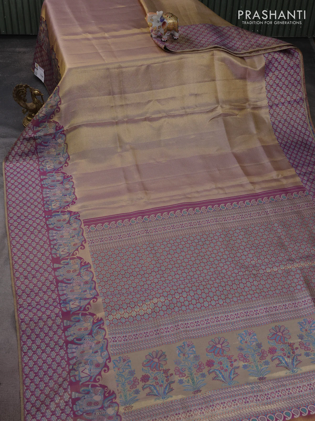 Pure kanchipuram tissue silk saree dual shade of pastel lavender and deep purple with allover zari weaves and rich elephant design mina border - Image 2