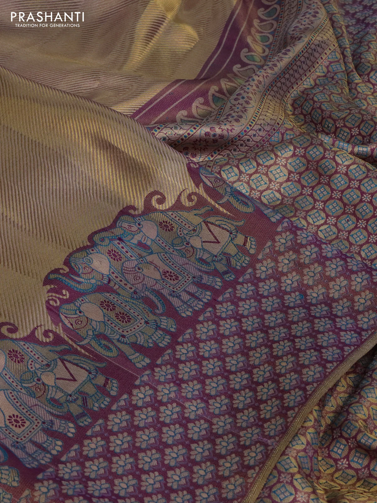 Pure kanchipuram tissue silk saree dual shade of pastel lavender and deep purple with allover zari weaves and rich elephant design mina border - Image 3