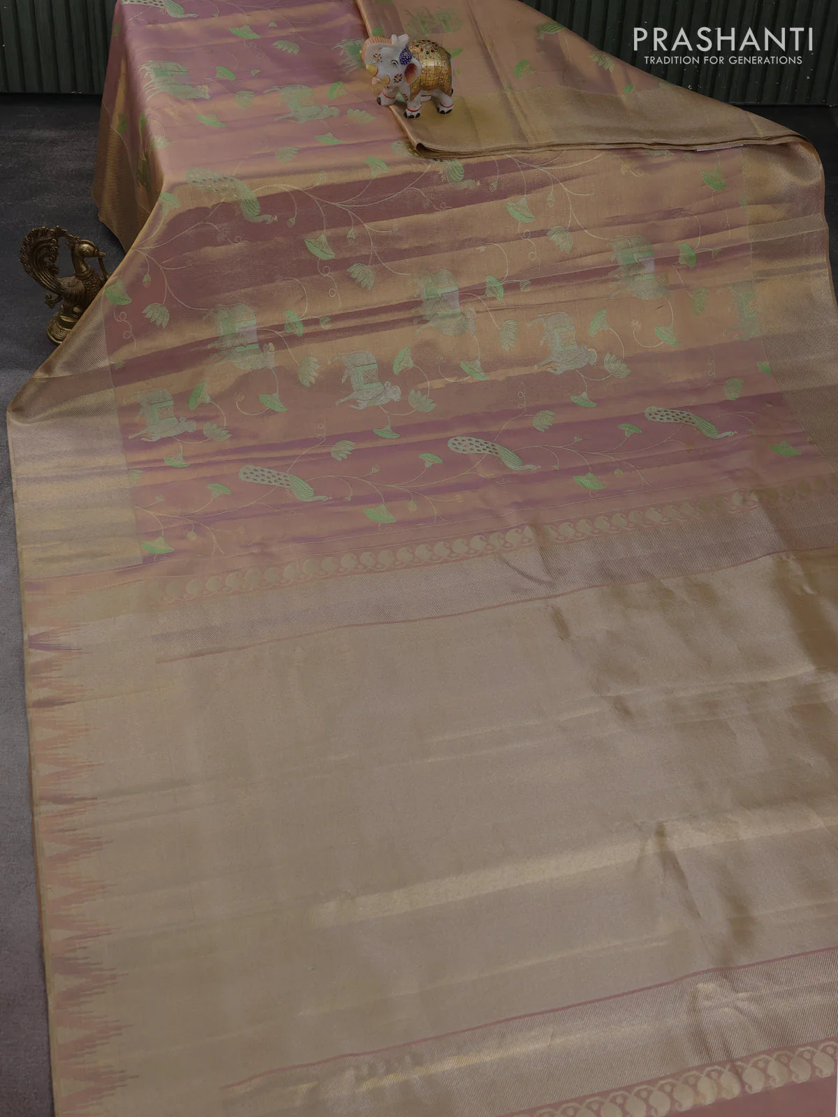 Pure kanchipuram tissue silk saree dual shade of pastel lavender with allover rich pichwai design weaving and zari woven border - Image 2