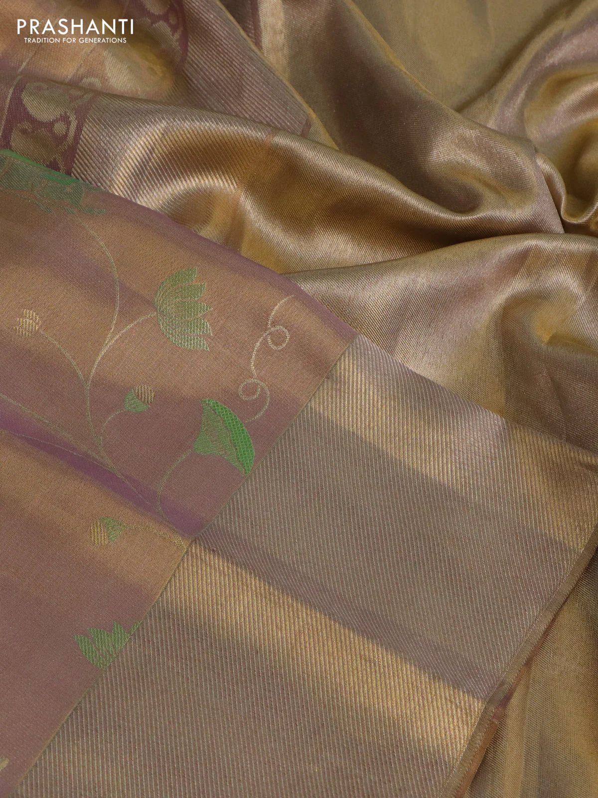 Pure kanchipuram tissue silk saree dual shade of pastel lavender with allover rich pichwai design weaving and zari woven border - Image 3