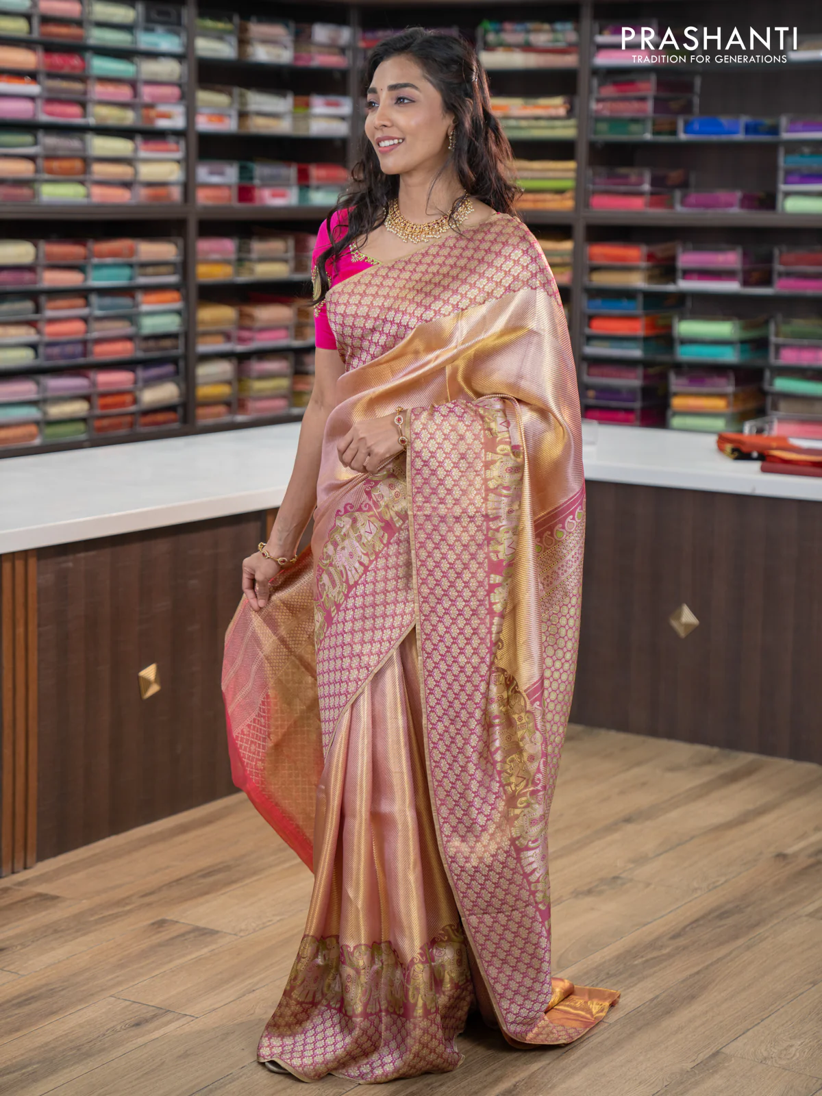 Pure kanchipuram tissue silk saree dual shade of pastel pink and wine shade with allover zari weaves and rich elephant design mina border - Image 2