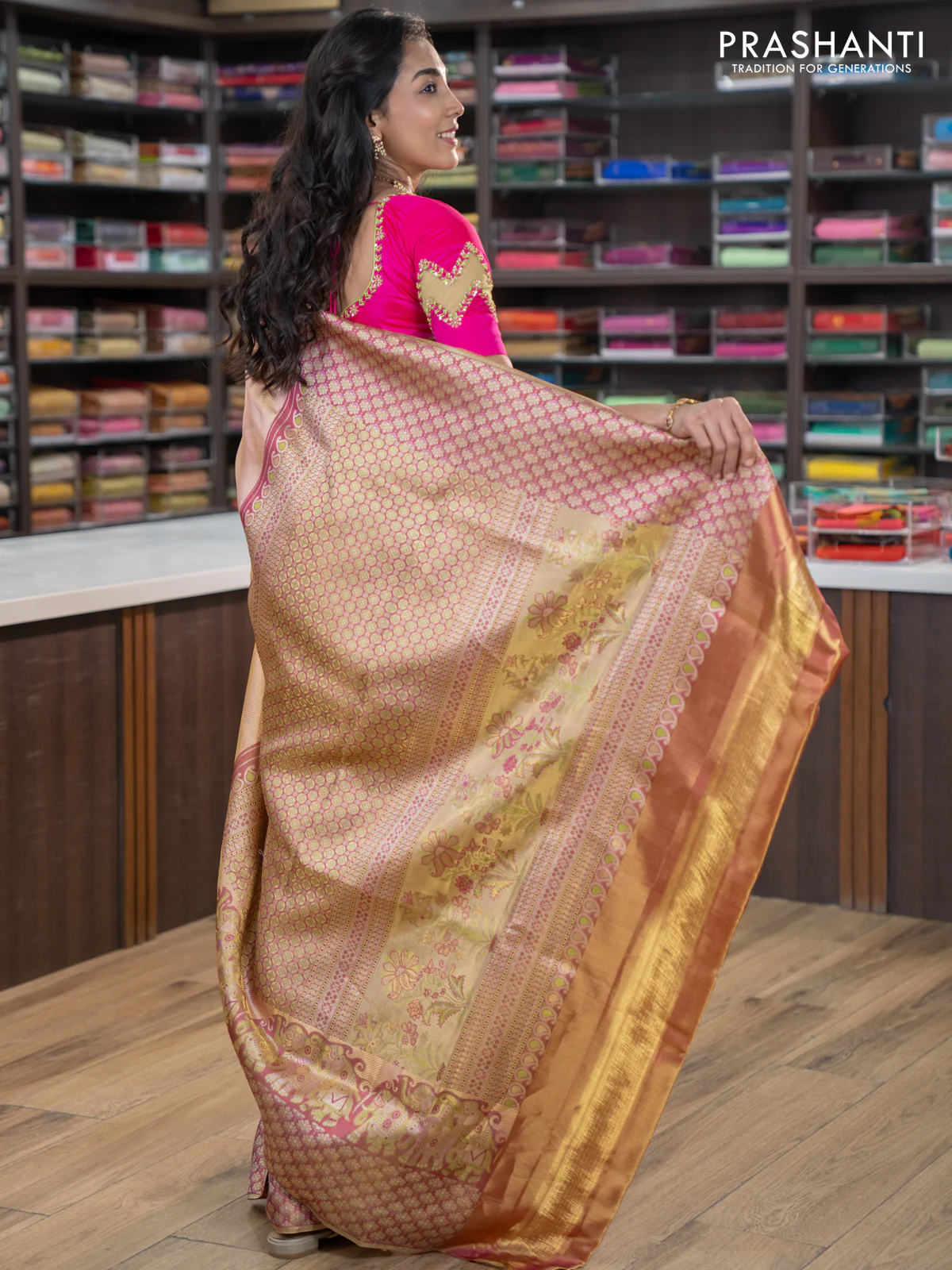 Pure kanchipuram tissue silk saree dual shade of pastel pink and wine shade with allover zari weaves and rich elephant design mina border - Image 4
