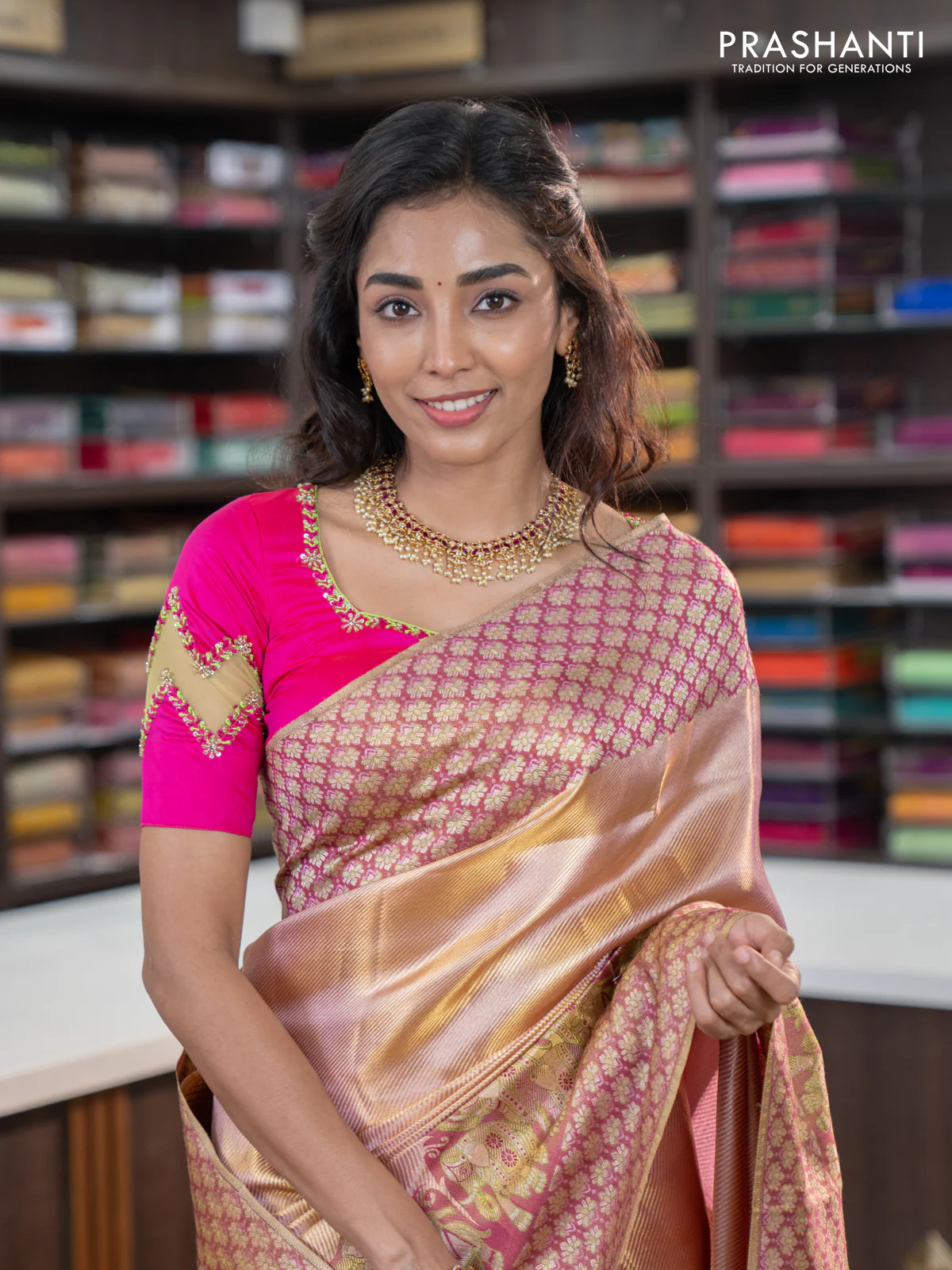 Pure kanchipuram tissue silk saree dual shade of pastel pink and wine shade with allover zari weaves and rich elephant design mina border - Image 5