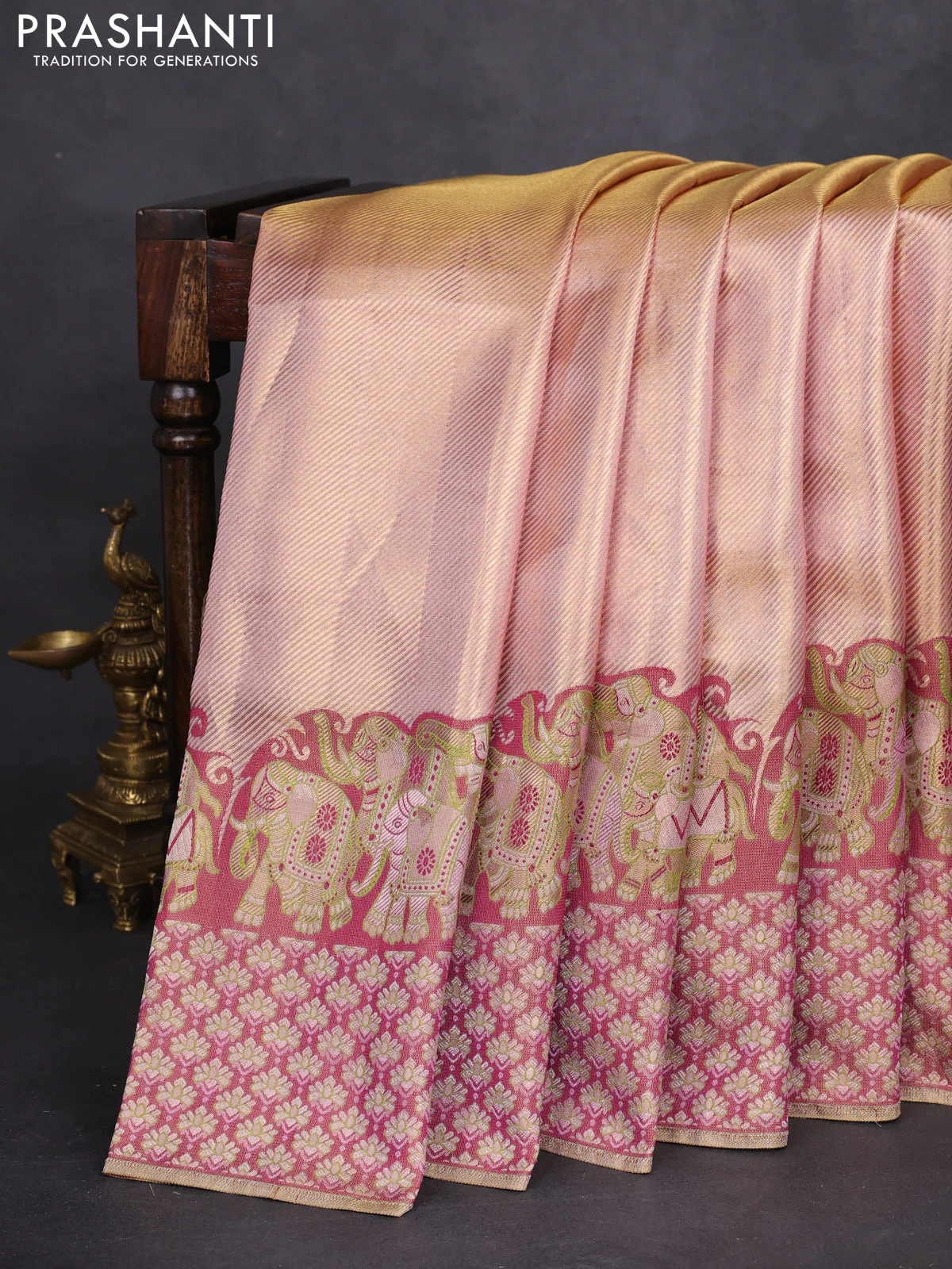 Pure kanchipuram tissue silk saree dual shade of pastel pink and wine shade with allover zari weaves and rich elephant design mina border - Image 6