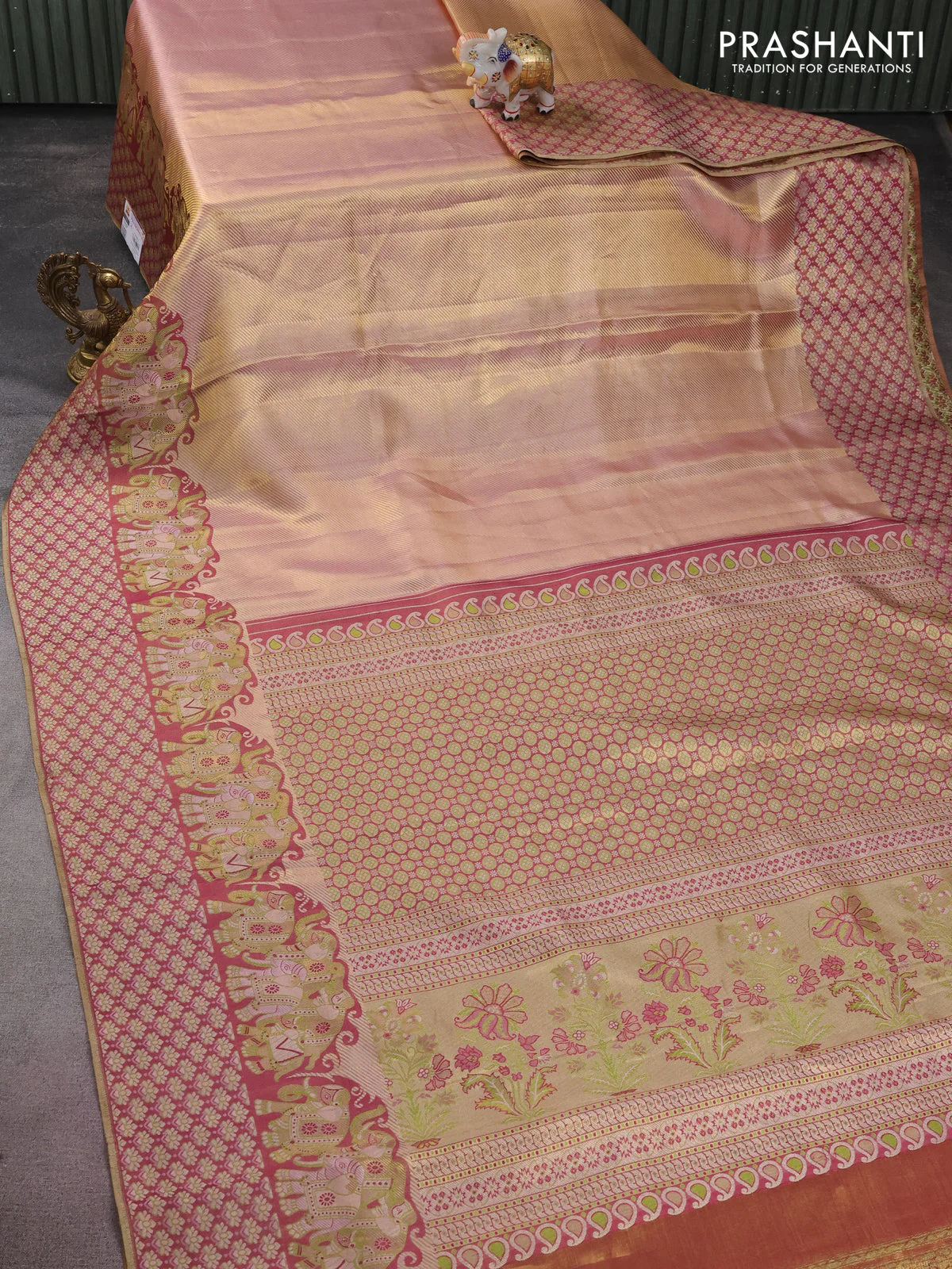 Pure kanchipuram tissue silk saree dual shade of pastel pink and wine shade with allover zari weaves and rich elephant design mina border - Image 7